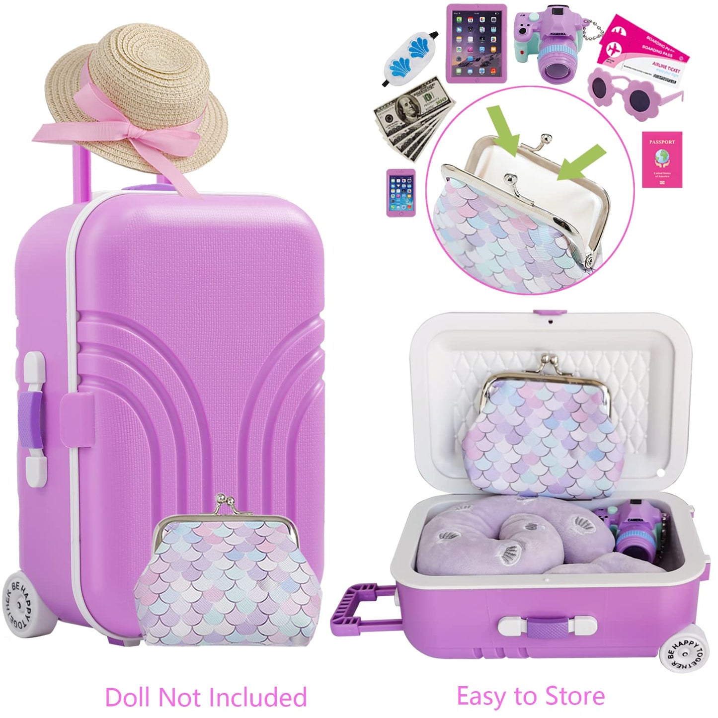 Srua Don 18 Inch Mermaid Doll Travel Case & 21-Piece Accessory Set — Portable Luggage for 18-Inch Dolls