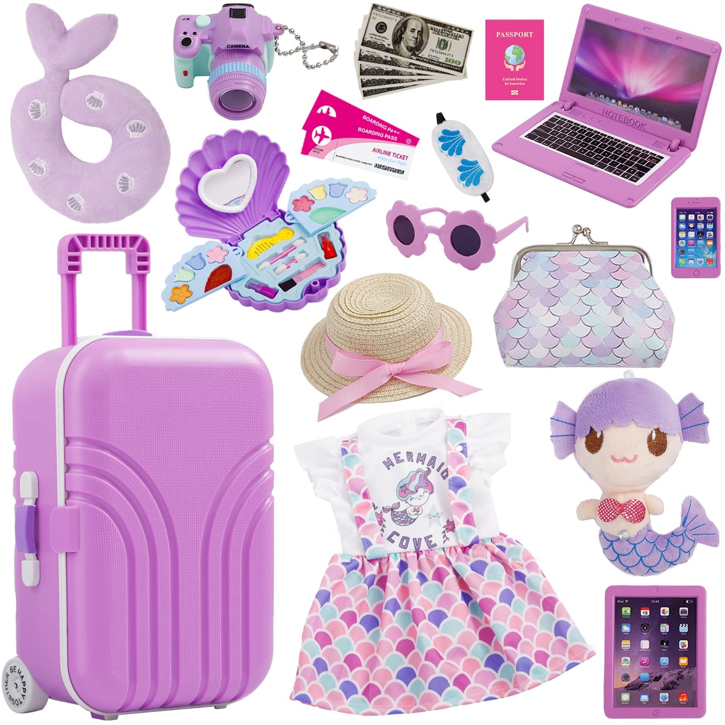 Srua Don 18 Inch Mermaid Doll Travel Case & 21-Piece Accessory Set — Portable Luggage for 18-Inch Dolls
