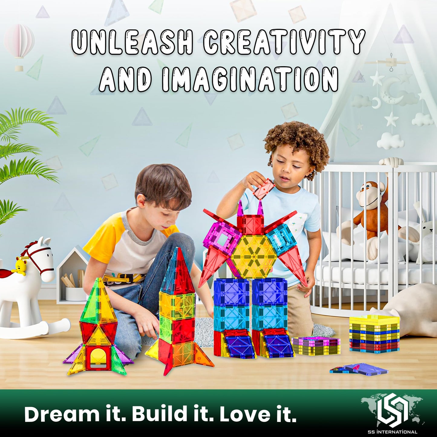 SS INTERNATIONAL Magnet Tiles for Toddlers – 100-Piece STEM Toy Set with Two Cars
