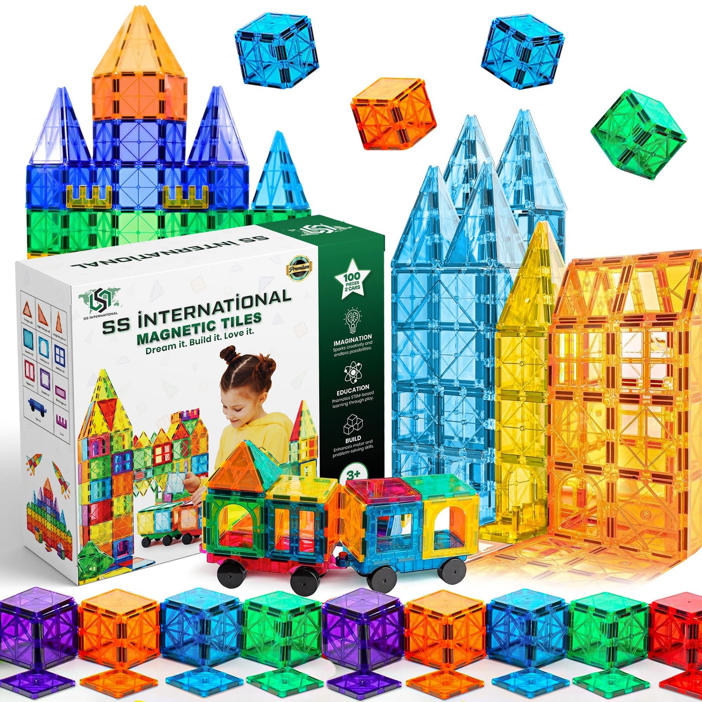 SS INTERNATIONAL Magnet Tiles for Toddlers – 100-Piece STEM Toy Set with Two Cars