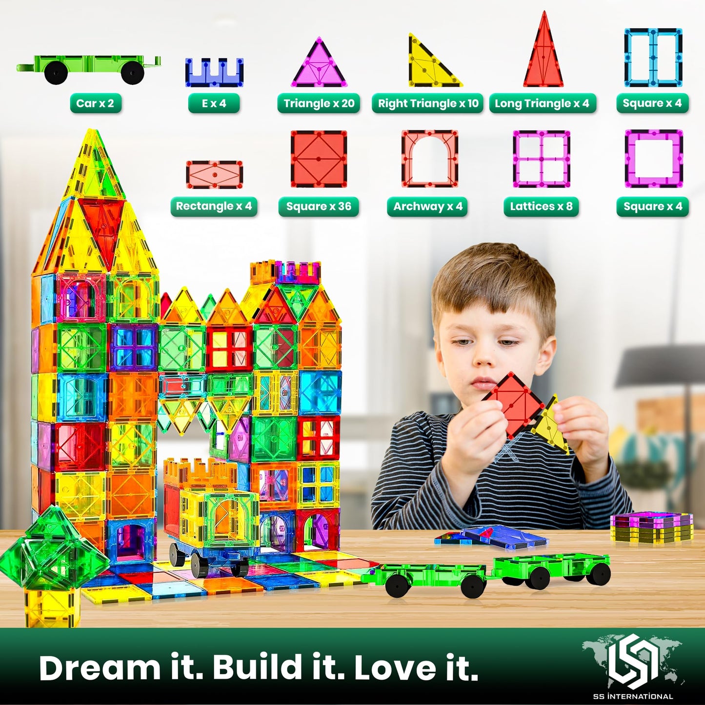 SS INTERNATIONAL Magnet Tiles for Toddlers – 100-Piece STEM Toy Set with Two Cars