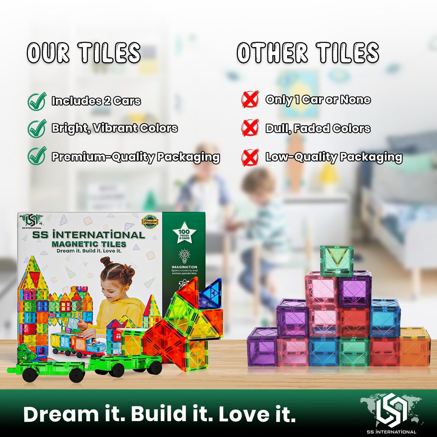 SS INTERNATIONAL Magnet Tiles for Toddlers – 100-Piece STEM Toy Set with Two Cars