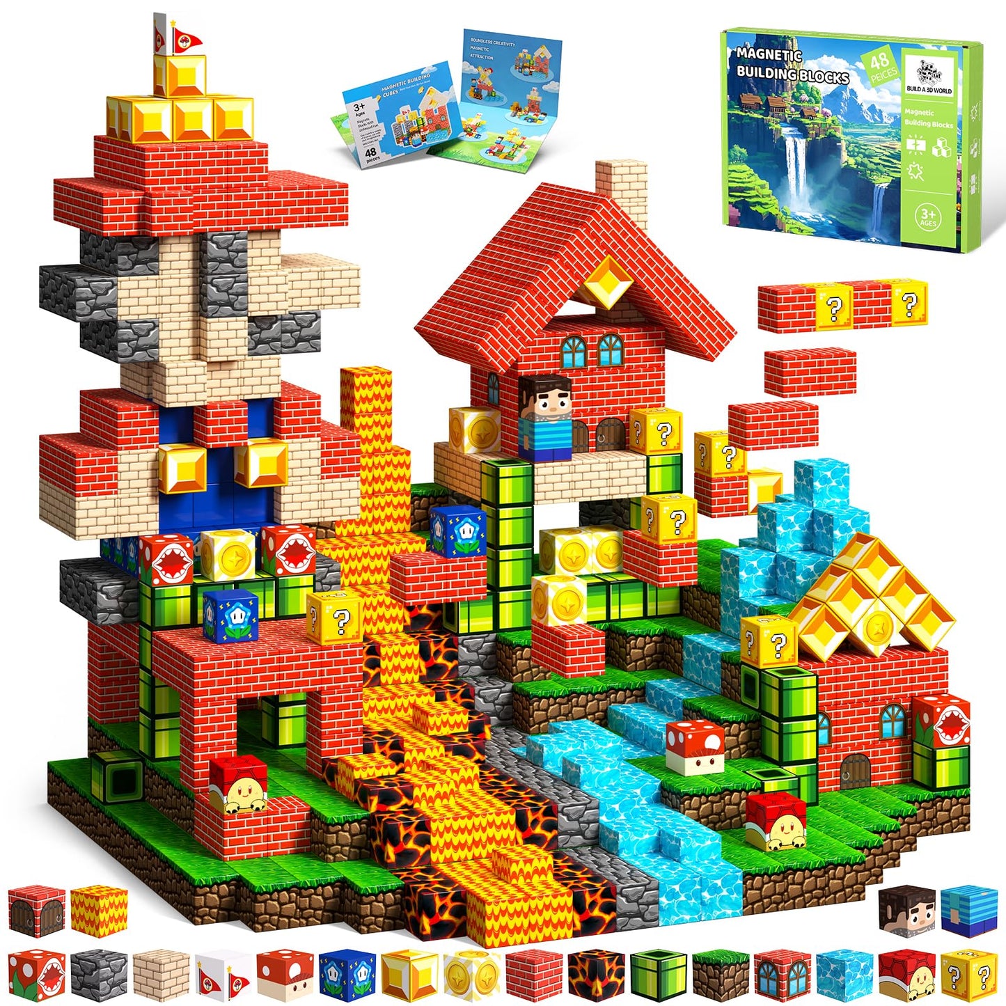 SSAWER Magnetic Blocks 48PCS – STEM Building Toys for Kids 3+ | Lava Forest