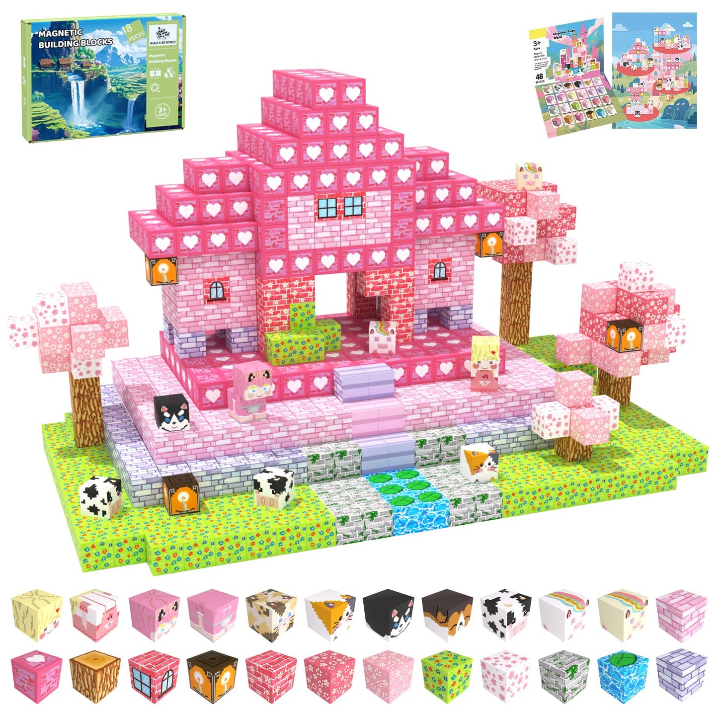 SSAWER Magnetic Blocks 48PCS – Pink Forest STEM Tiles for Kids 3+