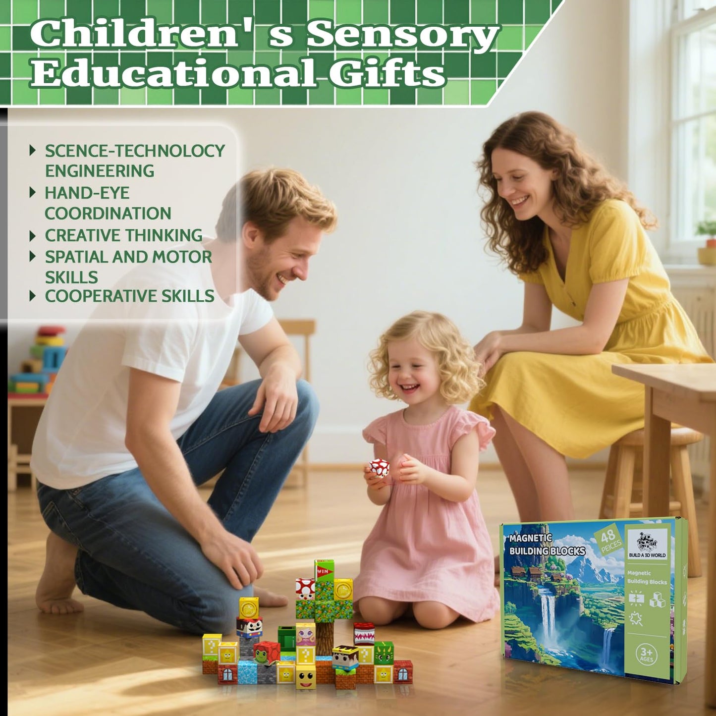 SSAWER Magnetic Blocks Forest Edition – 48-Piece STEM Building Kit for Kids 3+