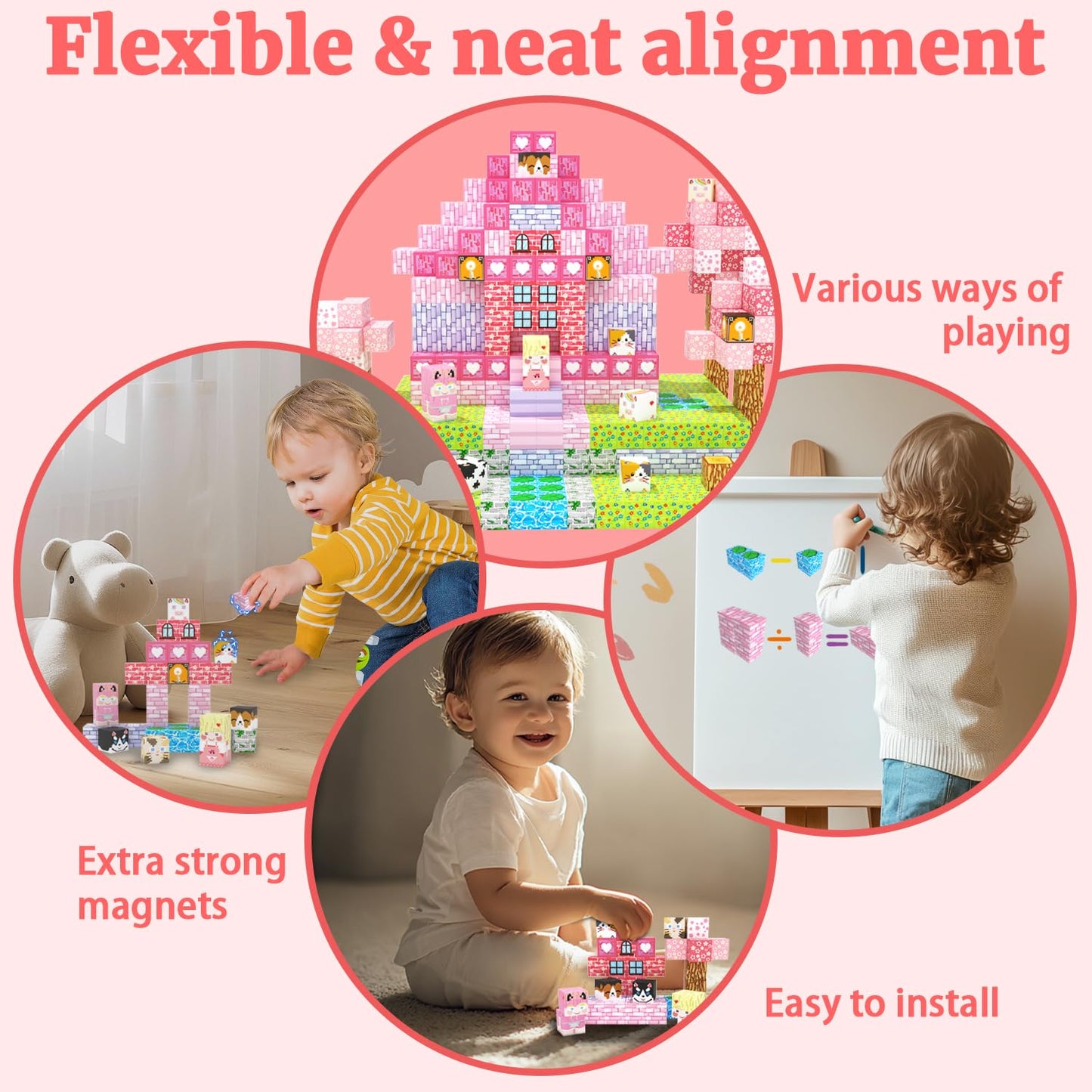SSAWER Magnetic Blocks 48PCS – Pink Forest STEM Tiles for Kids 3+