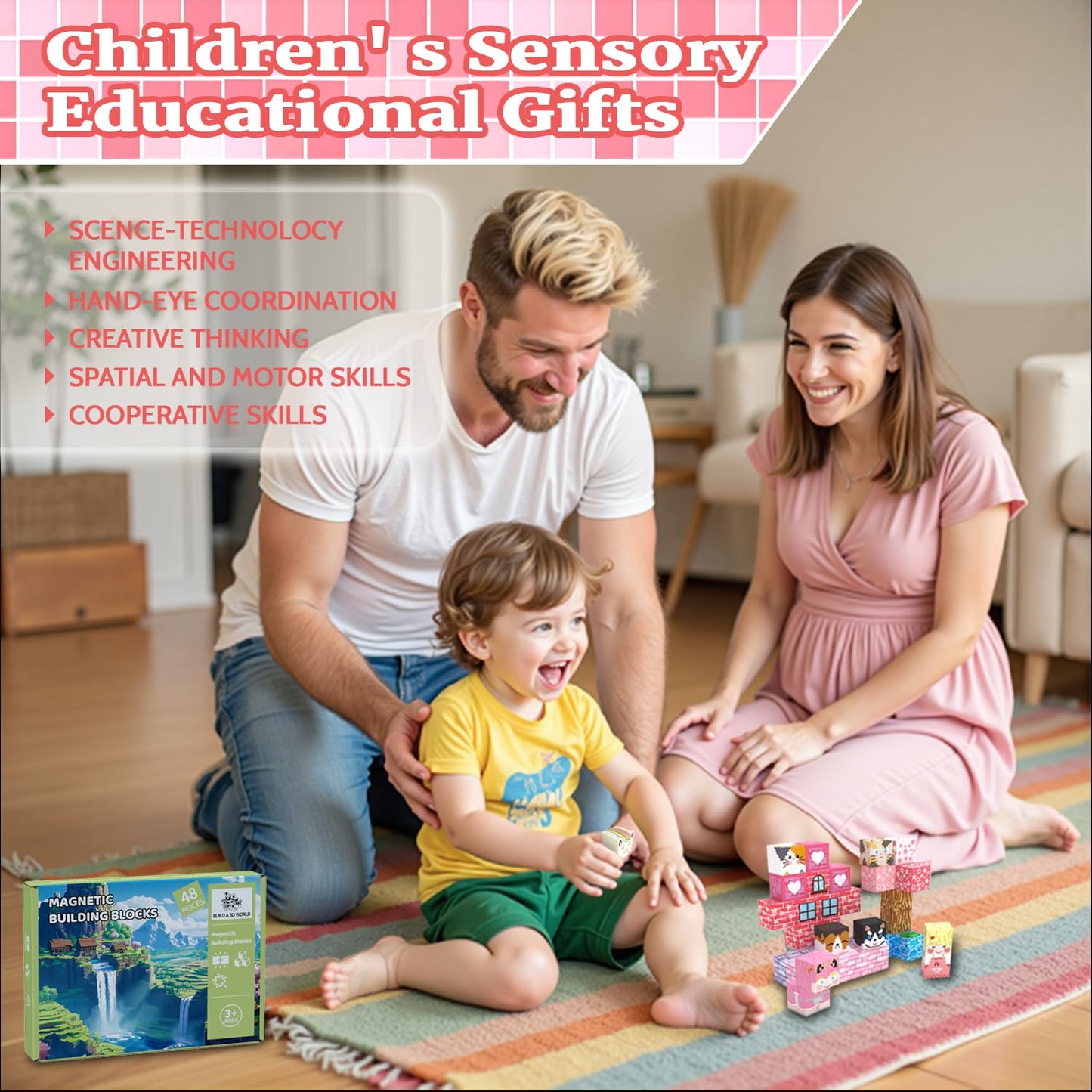 SSAWER Magnetic Blocks 48PCS – Pink Forest STEM Tiles for Kids 3+
