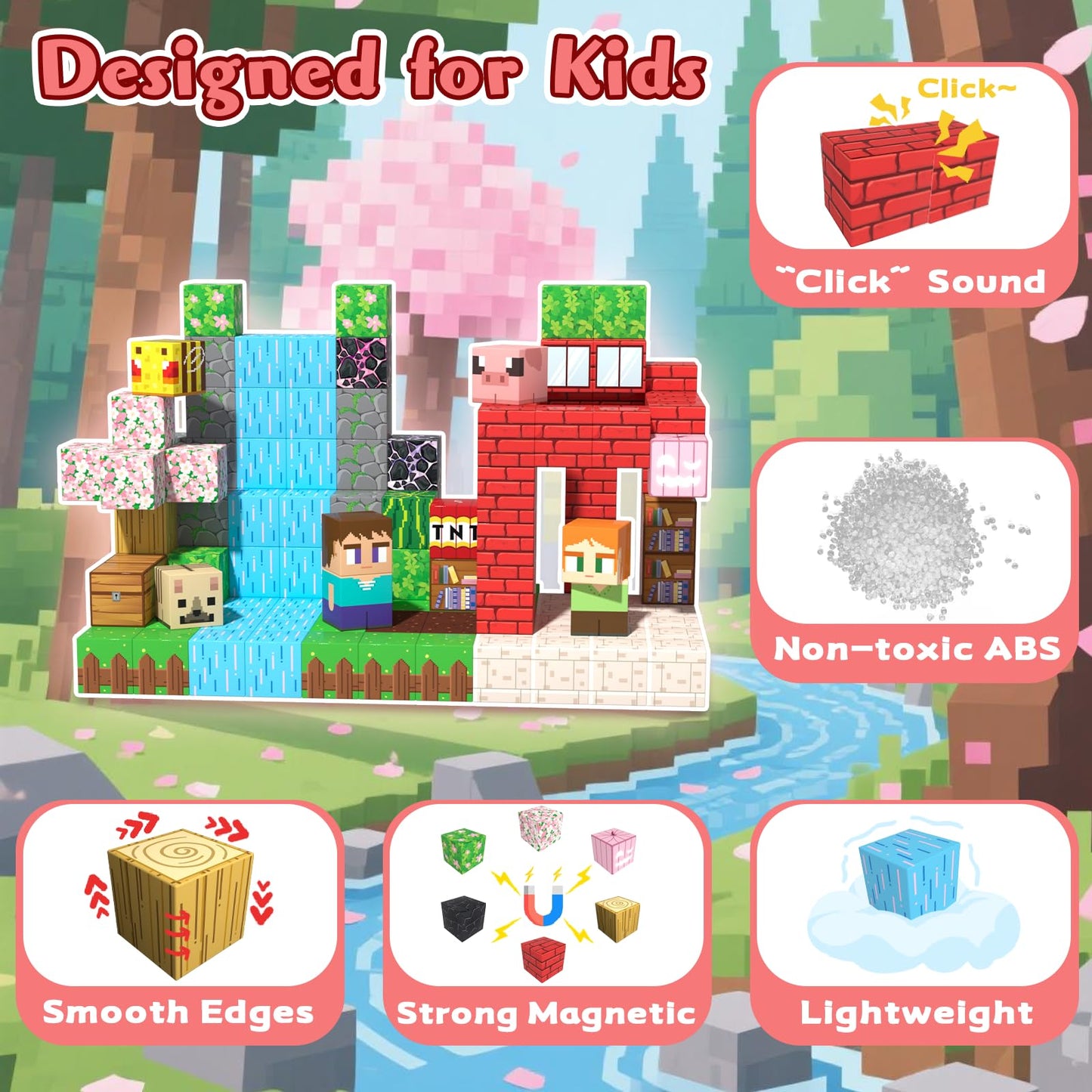 SSAWER Magnetic Blocks 208PCS – Sakura Forest STEM Building Toys for Kids 3+