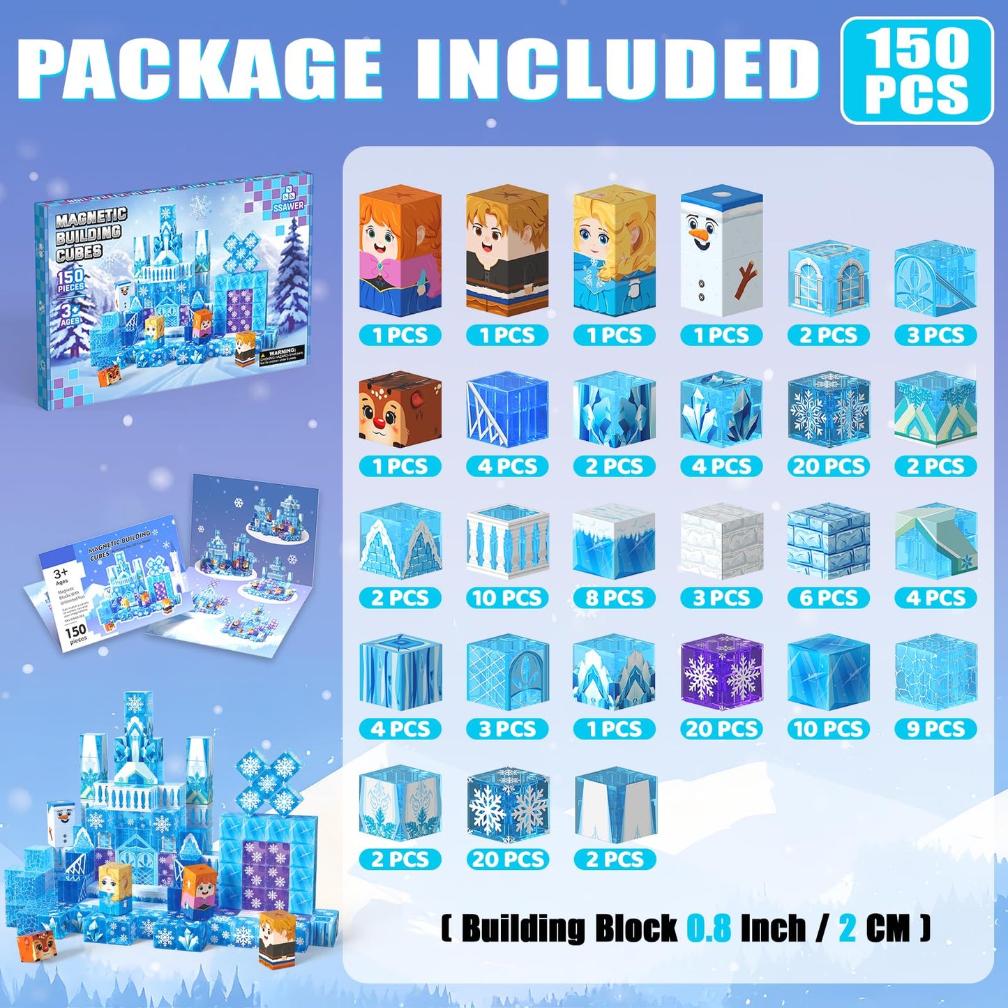 SSAWER Magnetic Blocks 150PCS Snow Castle – STEM Building Toys for Kids 3+ | Gift-Ready
