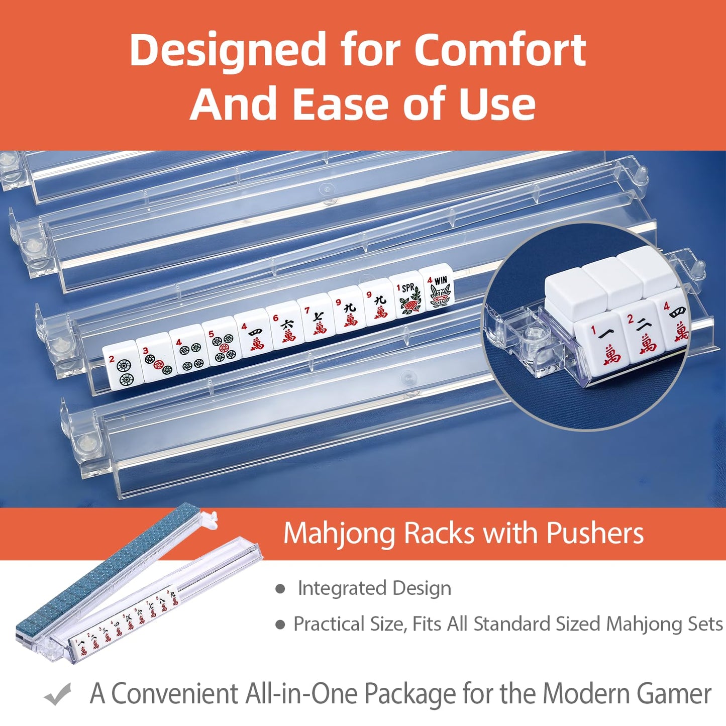 SSFUN Mahjong All-in-One Tile Rack & Pusher – Clear Acrylic, 4-Piece Set