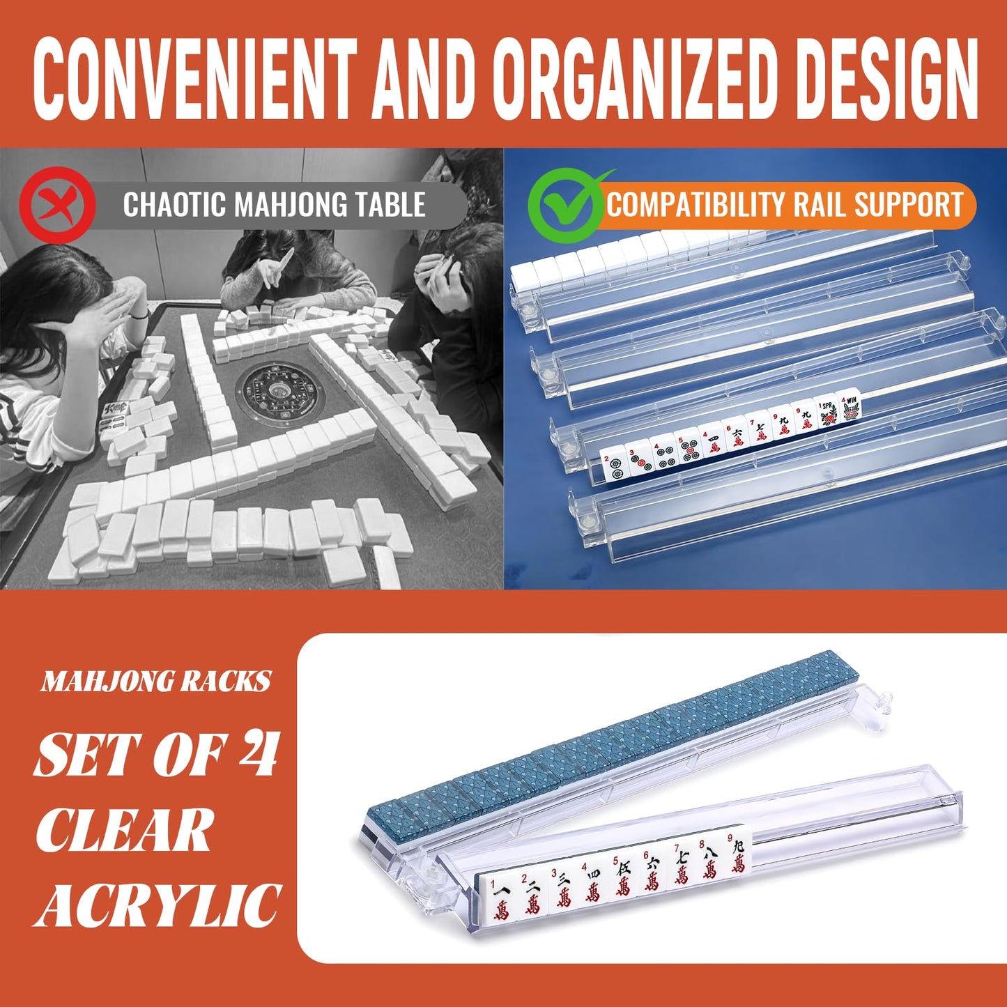 SSFUN Mahjong All-in-One Tile Rack & Pusher – Clear Acrylic, 4-Piece Set