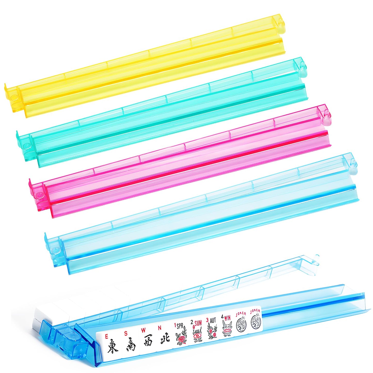 SSFUN Mahjong All-in-One Tile Rack & Pusher — Clear Acrylic, 4-Pack, Multi-Color