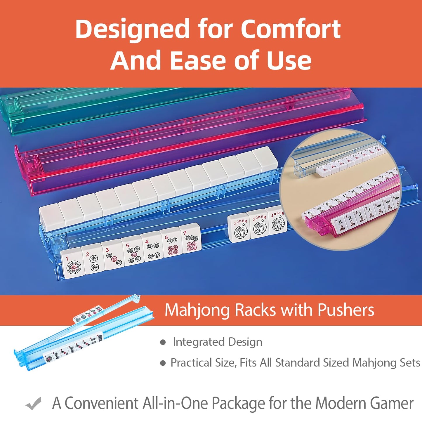 SSFUN Mahjong All-in-One Tile Rack & Pusher — Clear Acrylic, 4-Pack, Multi-Color