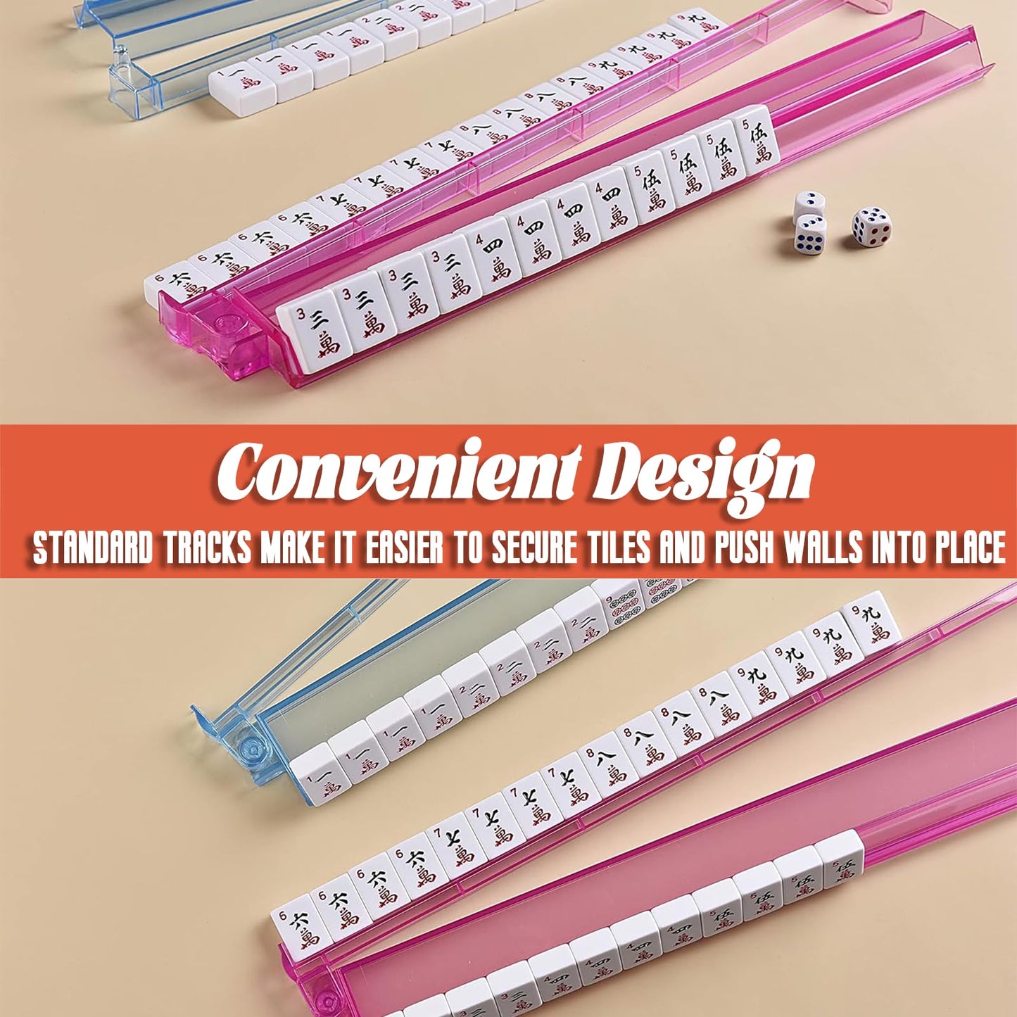 SSFUN Mahjong All-in-One Tile Rack & Pusher — Clear Acrylic, 4-Pack, Multi-Color