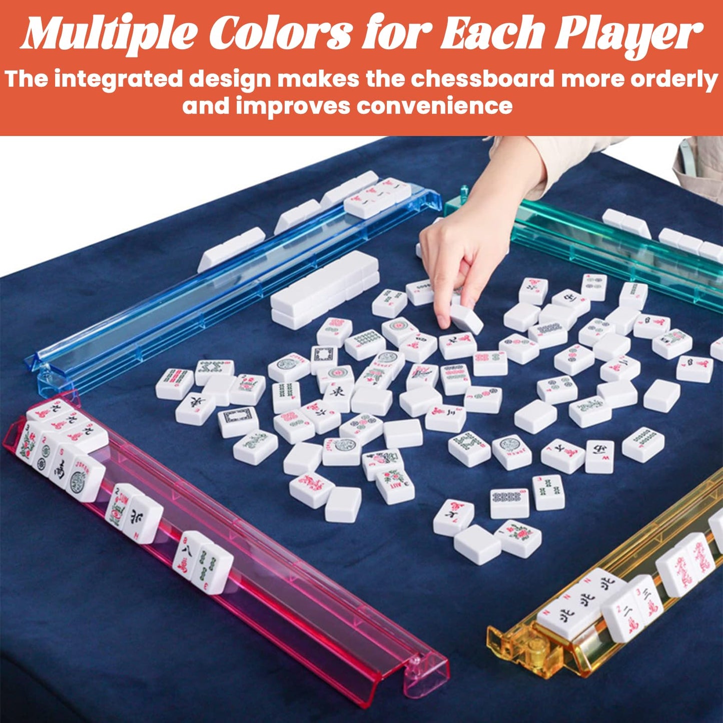 SSFUN Mahjong All-in-One Tile Rack & Pusher — Clear Acrylic, 4-Pack, Multi-Color