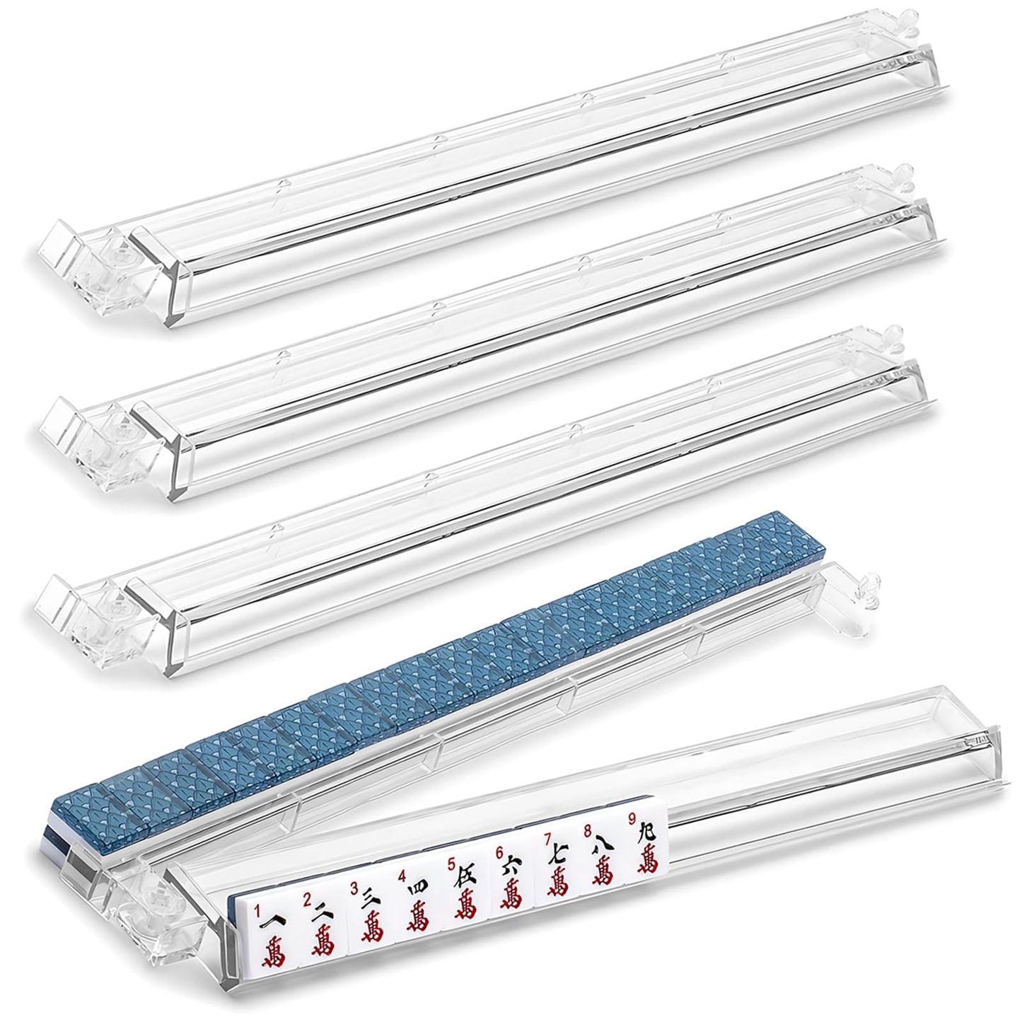 SSFUN Mahjong All-in-One Tile Rack & Pusher – Clear Acrylic, 4-Piece Set