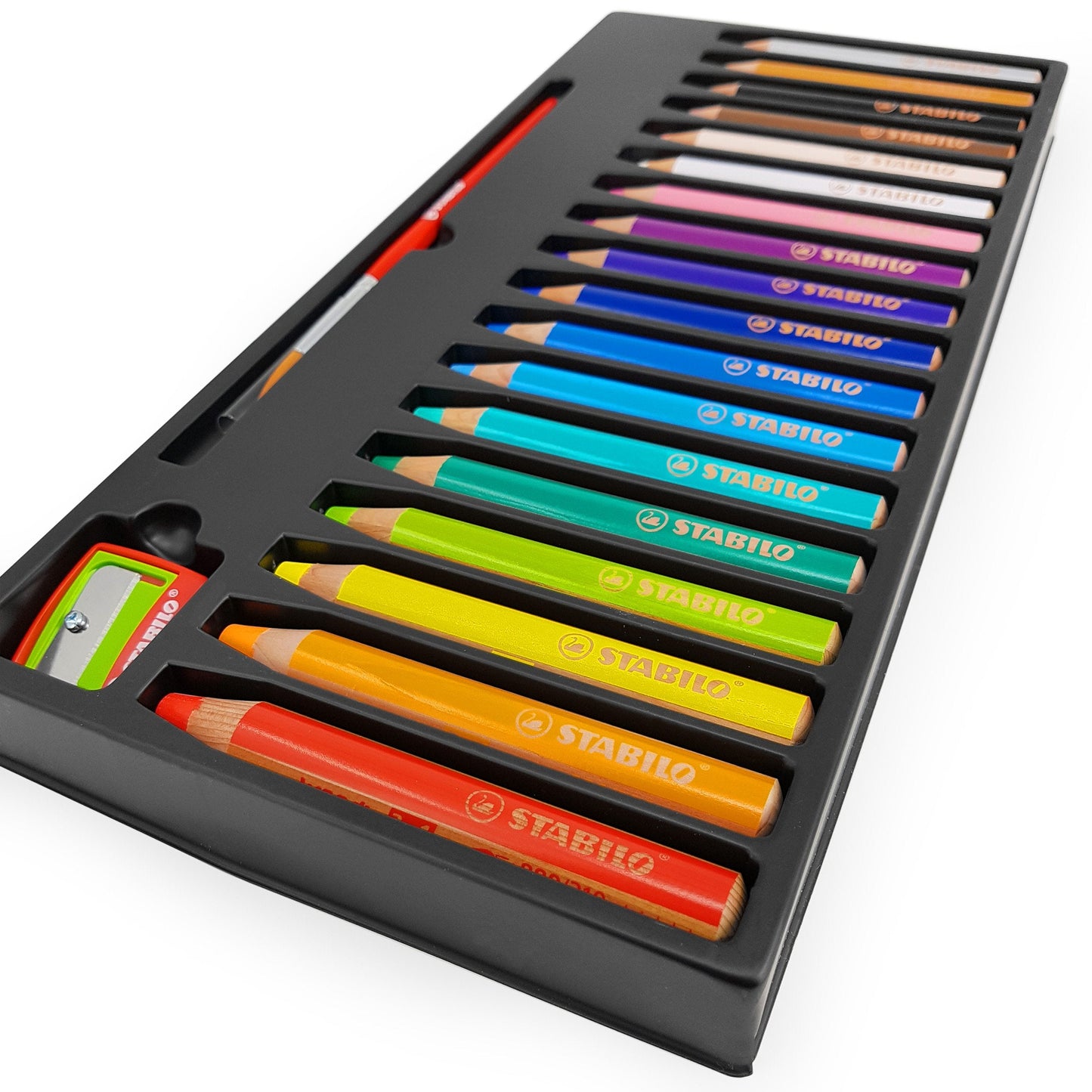 STABILO Woody 3 in 1 Multi-Media Watercolour Pencils – Jumbo Easy-Grip, Pack of 18 + Sharpener & Brush