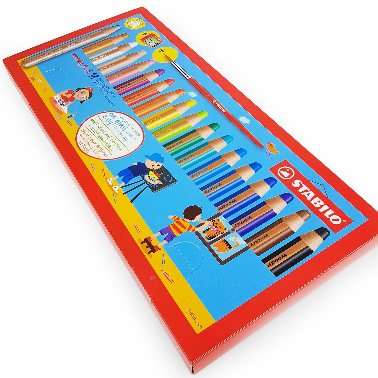 STABILO Woody 3 in 1 Multi-Media Watercolour Pencils – Jumbo Easy-Grip, Pack of 18 + Sharpener & Brush