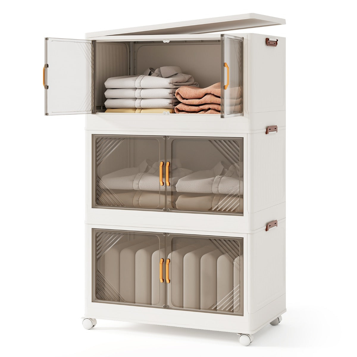 Stackable Storage Containers with Wheels and Doors for Bedroom-White-4-Tier