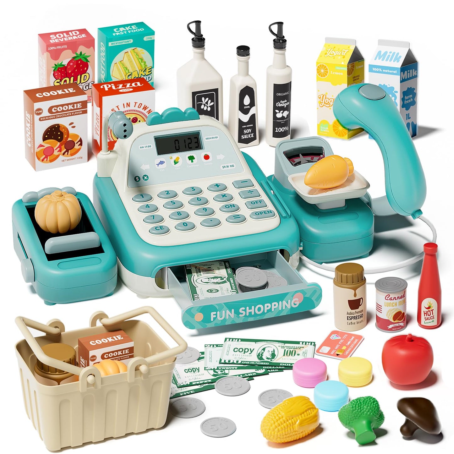 STACTCUTE 49-Piece Cash Register Toy Set — Conveyor Belt, Scanner & Microphone | Pretend Play Grocery for Kids 3-8