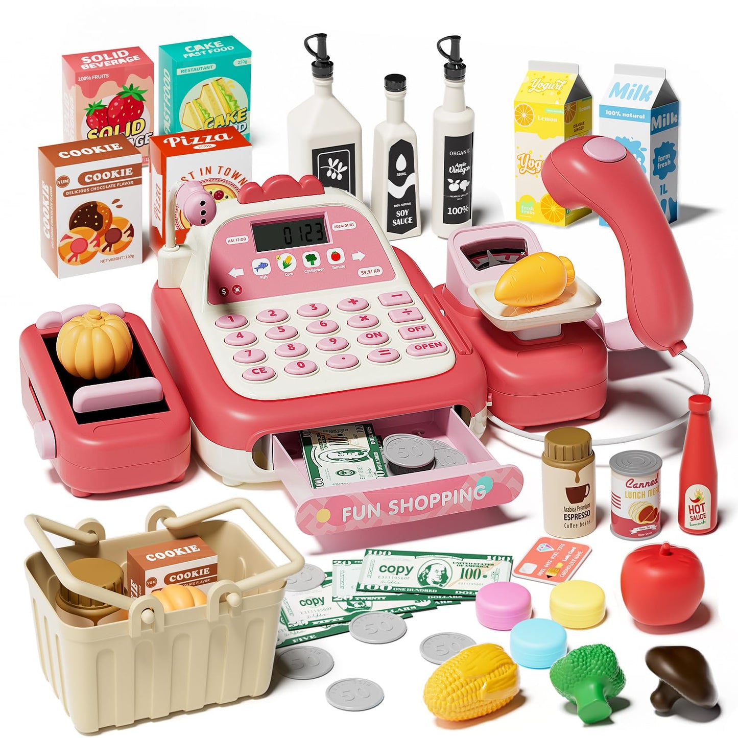STACTCUTE 49-Piece Cash Register Toy Set (Pink) – Real Calculator, Conveyor Belt & Scanner