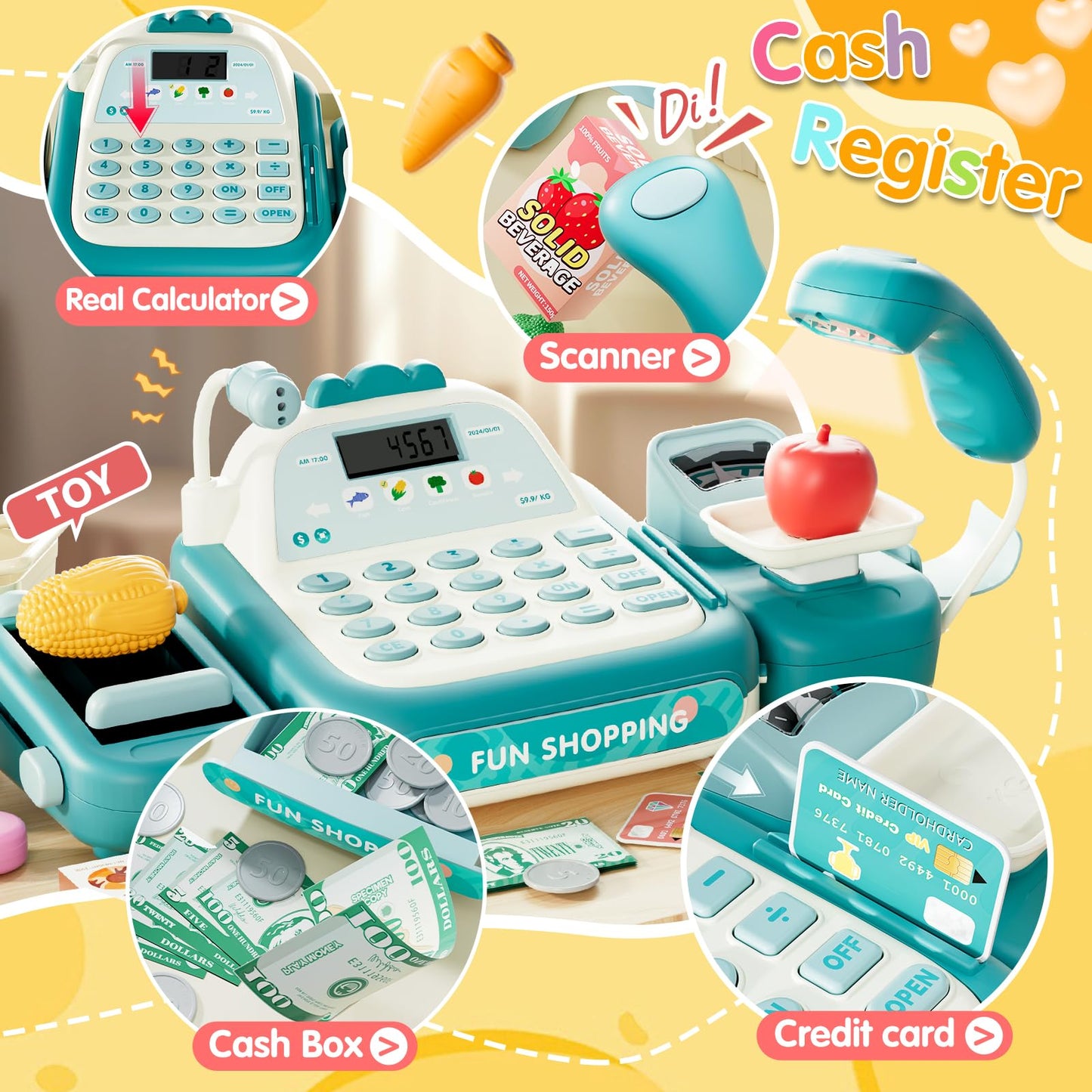 STACTCUTE 49-Piece Cash Register Toy Set — Conveyor Belt, Scanner & Microphone | Pretend Play Grocery for Kids 3-8