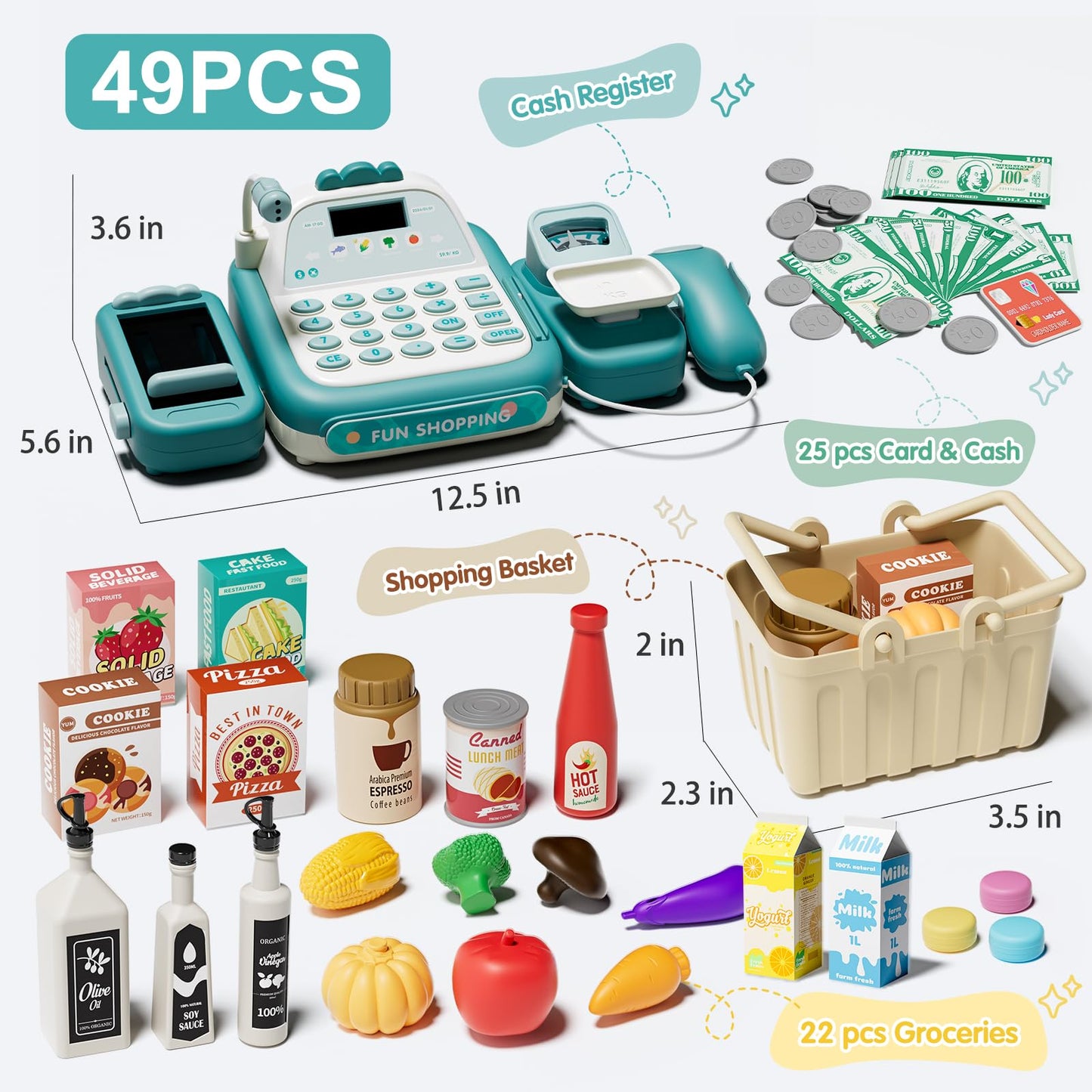 STACTCUTE 49-Piece Cash Register Toy Set — Conveyor Belt, Scanner & Microphone | Pretend Play Grocery for Kids 3-8