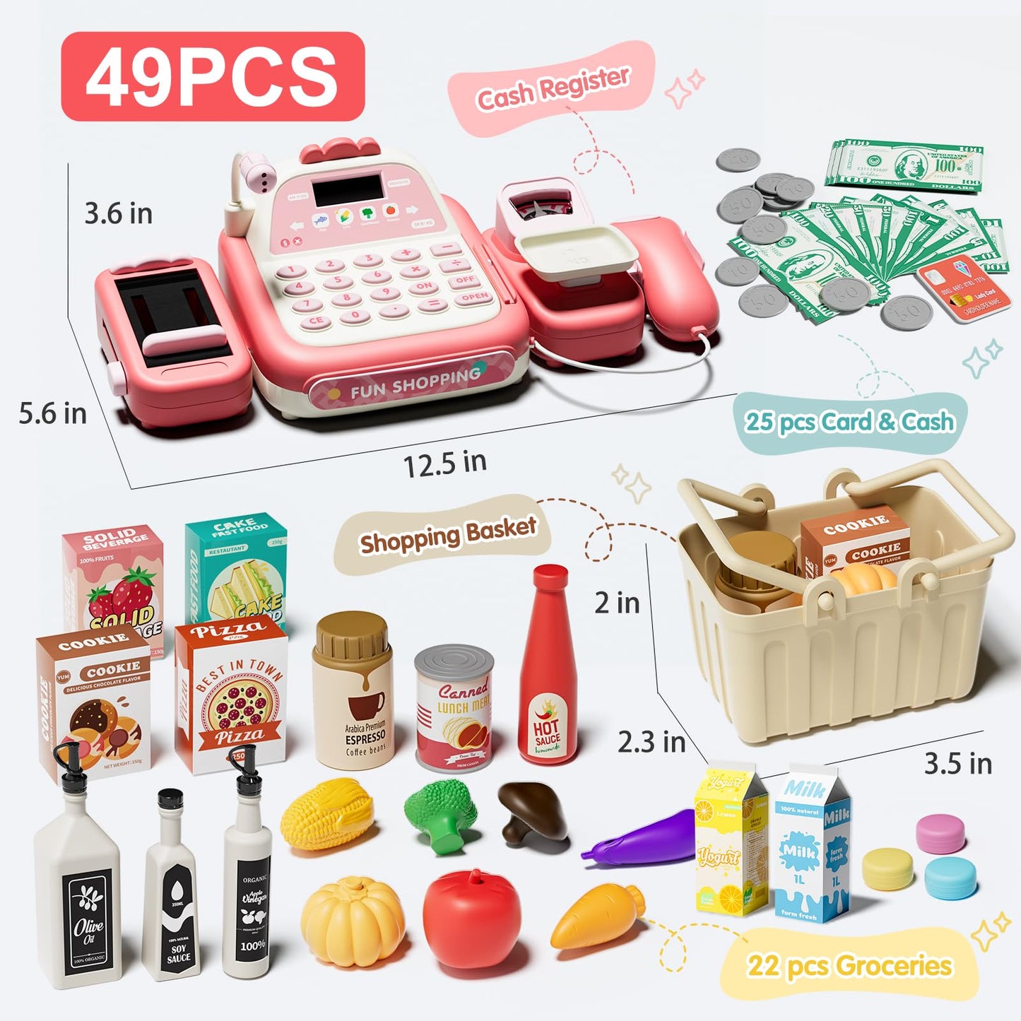 STACTCUTE 49-Piece Cash Register Toy Set (Pink) – Real Calculator, Conveyor Belt & Scanner