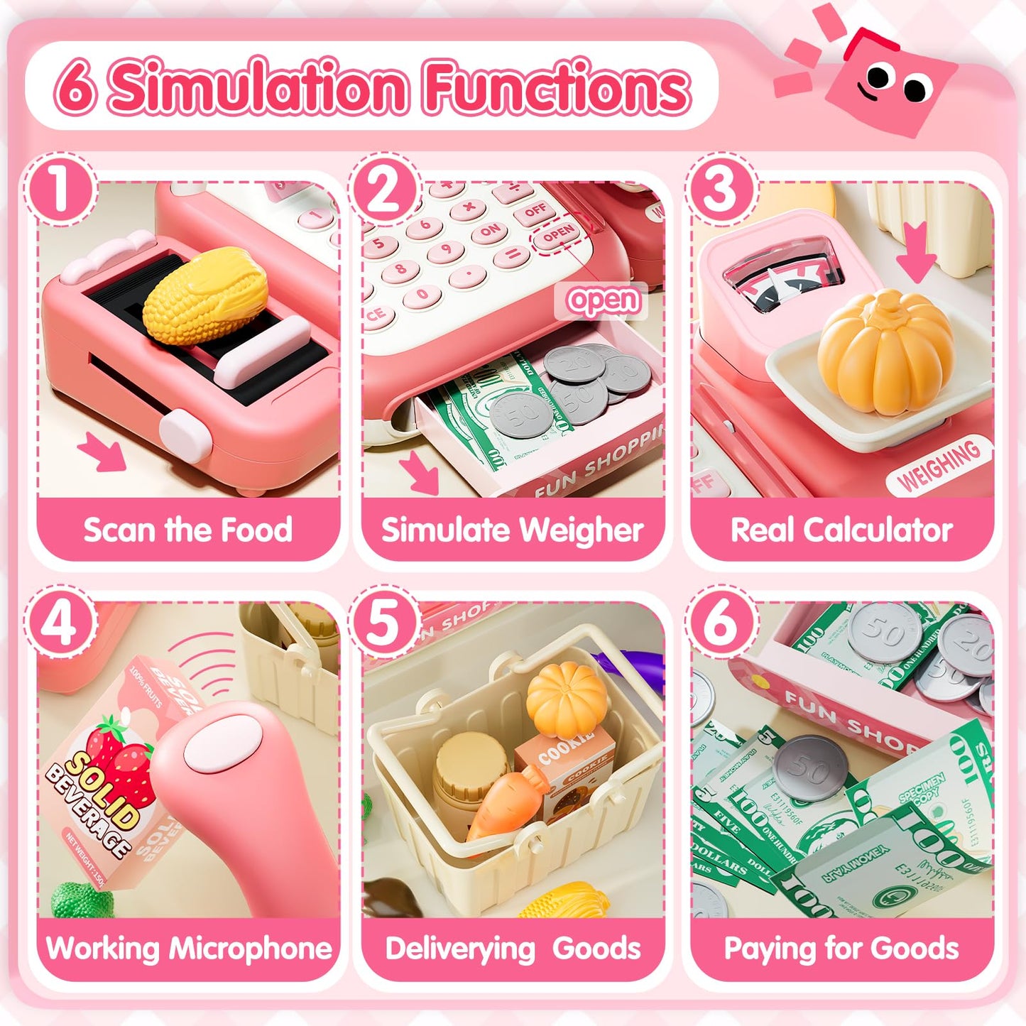 STACTCUTE 49-Piece Cash Register Toy Set (Pink) – Real Calculator, Conveyor Belt & Scanner