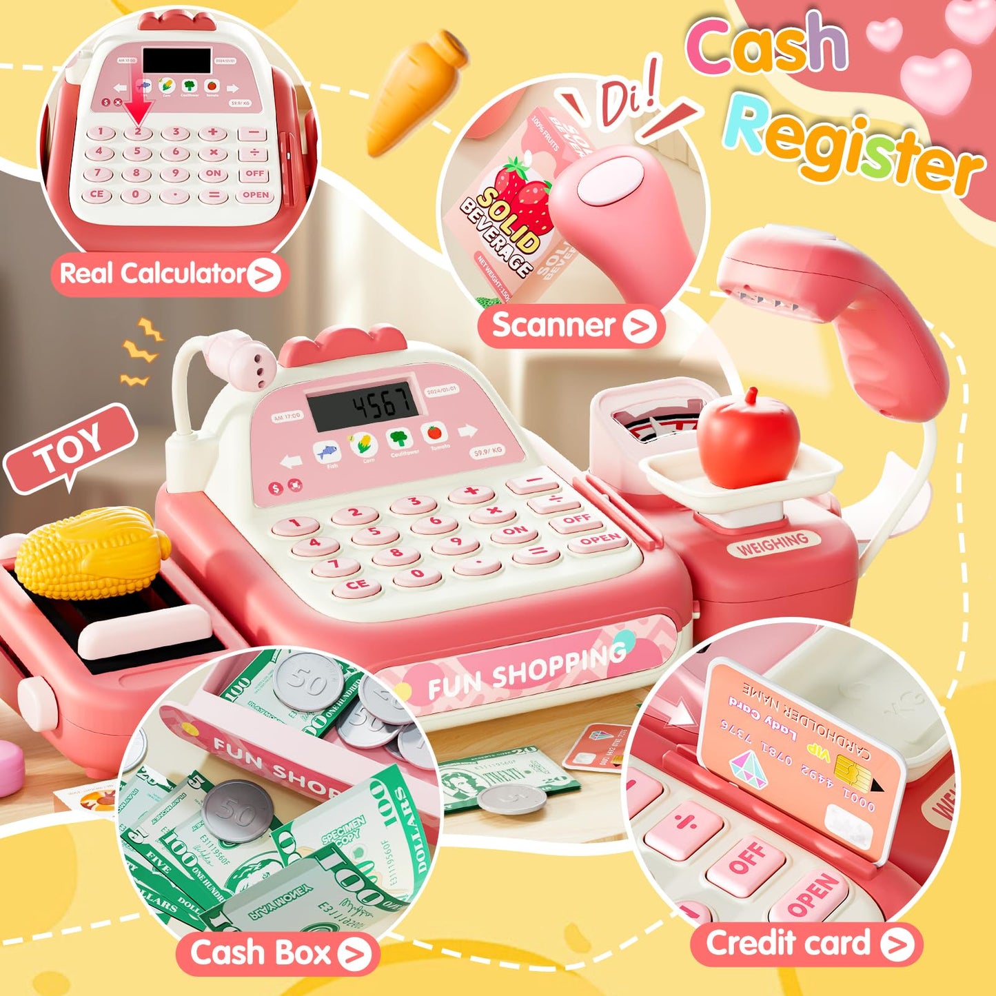 STACTCUTE 49-Piece Cash Register Toy Set (Pink) – Real Calculator, Conveyor Belt & Scanner