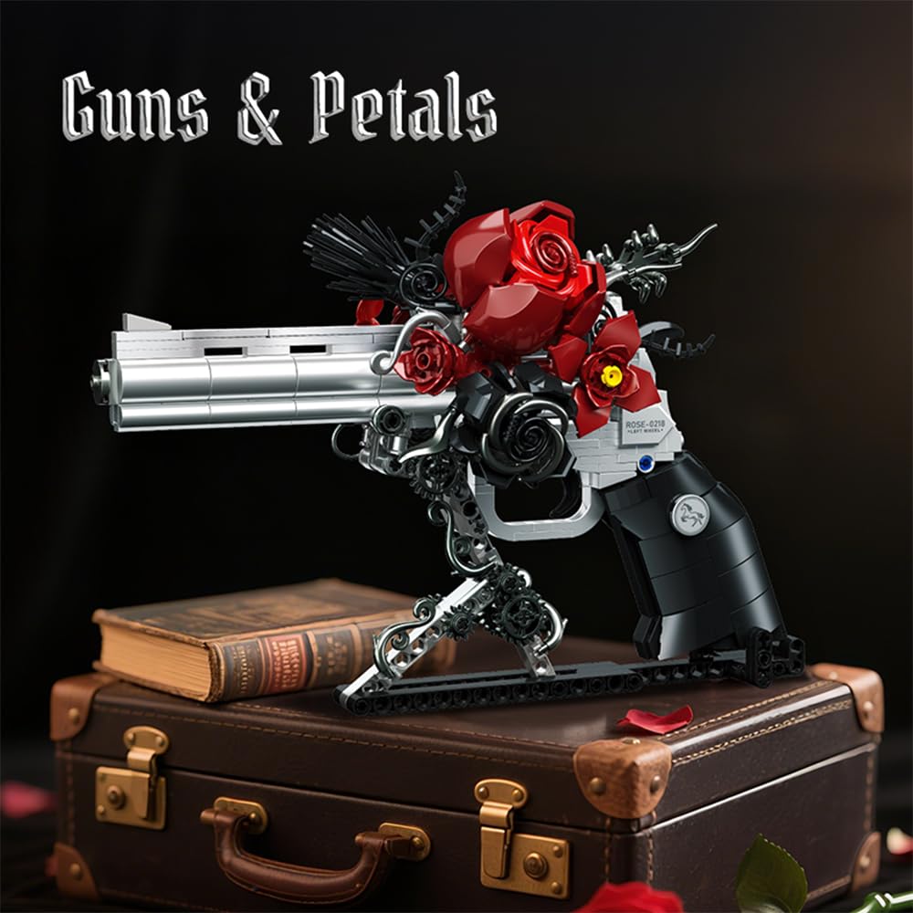 STADREWVY Guns & Petals: Gothic Revolver Building Blocks with Red Roses