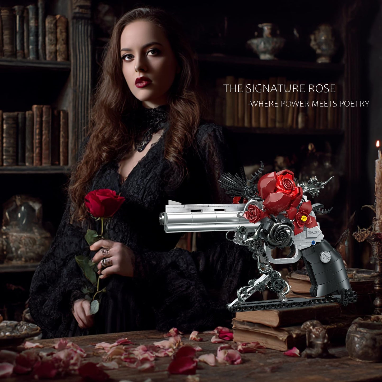 STADREWVY Guns & Petals: Gothic Revolver Building Blocks with Red Roses
