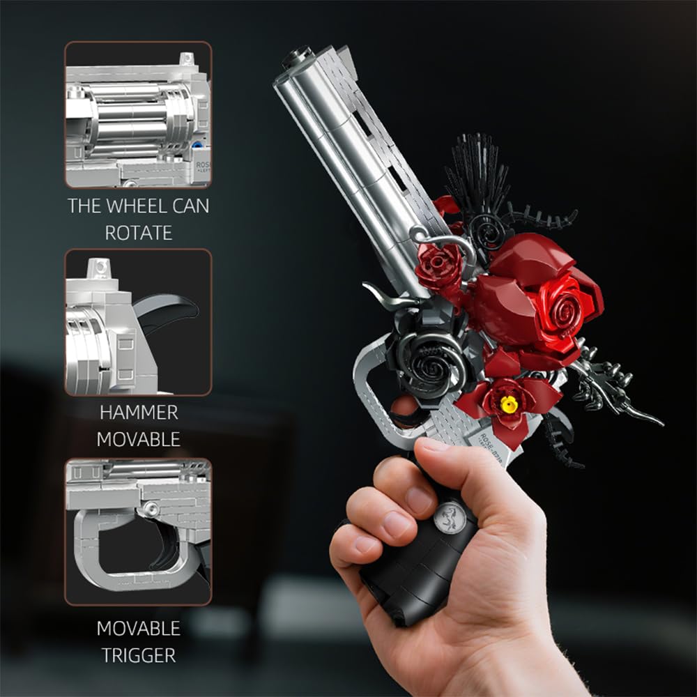 STADREWVY Guns & Petals: Gothic Revolver Building Blocks with Red Roses