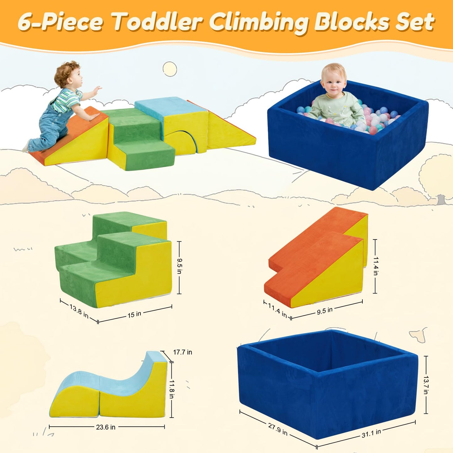 STAOLENE Soft Foam Climbing Blocks with Ball Pit – 6PCS Indoor Toddler Play Set