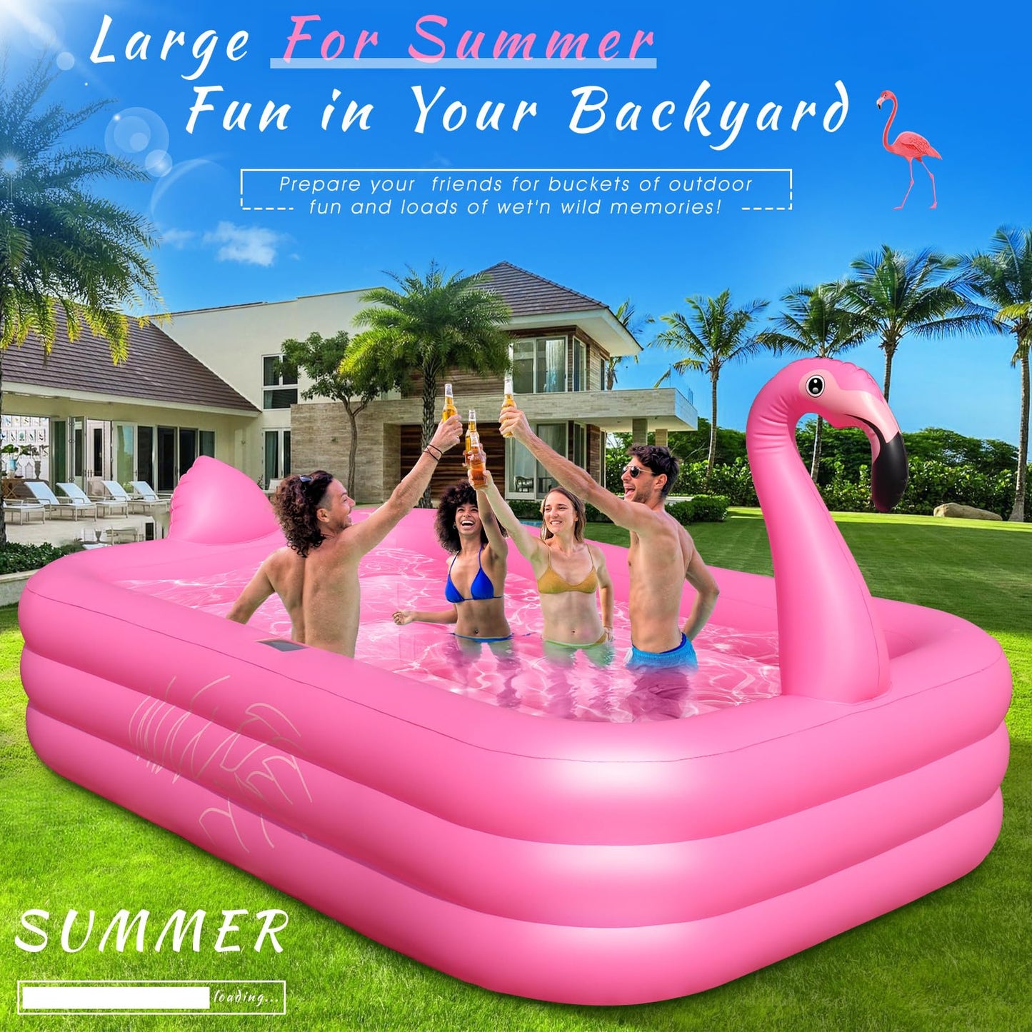 StarOcean Inflatable Pool with Lights - 100-inch Flamingo Pool for Backyard Fun