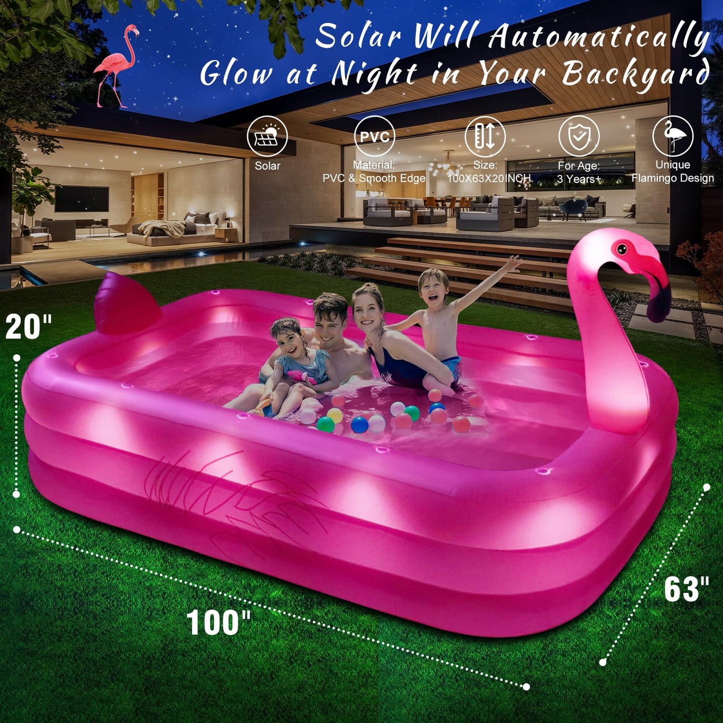 StarOcean Inflatable Pool with Lights - 100-inch Flamingo Pool for Backyard Fun