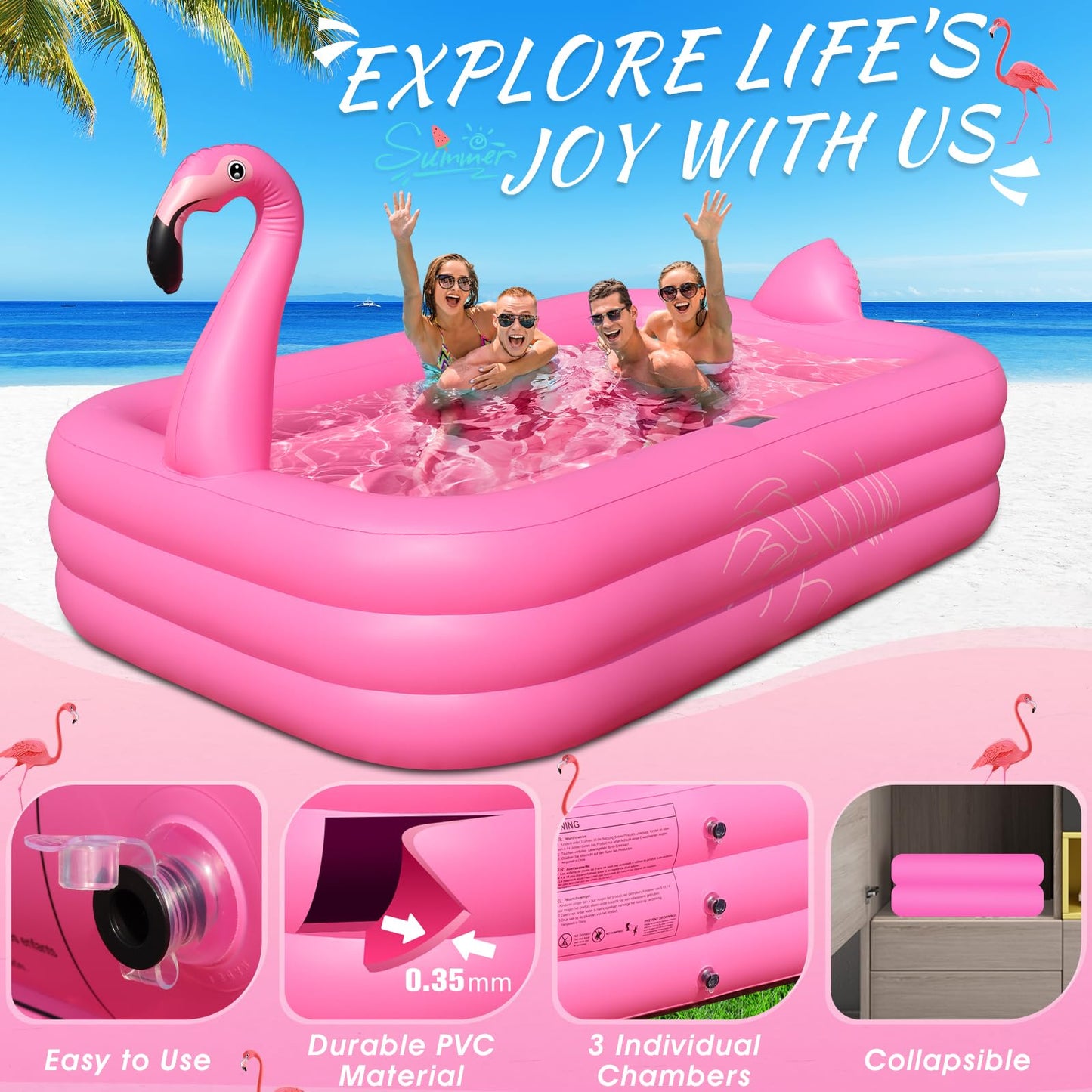 StarOcean Inflatable Pool with Lights - 100-inch Flamingo Pool for Backyard Fun