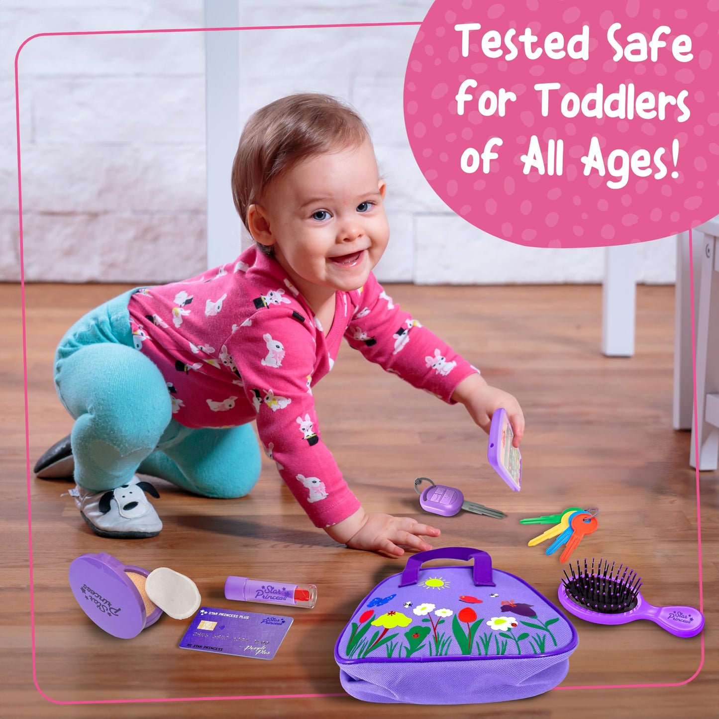 Star Princess Play Purse with Accessories for Toddlers 1-3 | Safe Pretend Makeup, Keys & Phone - Purple