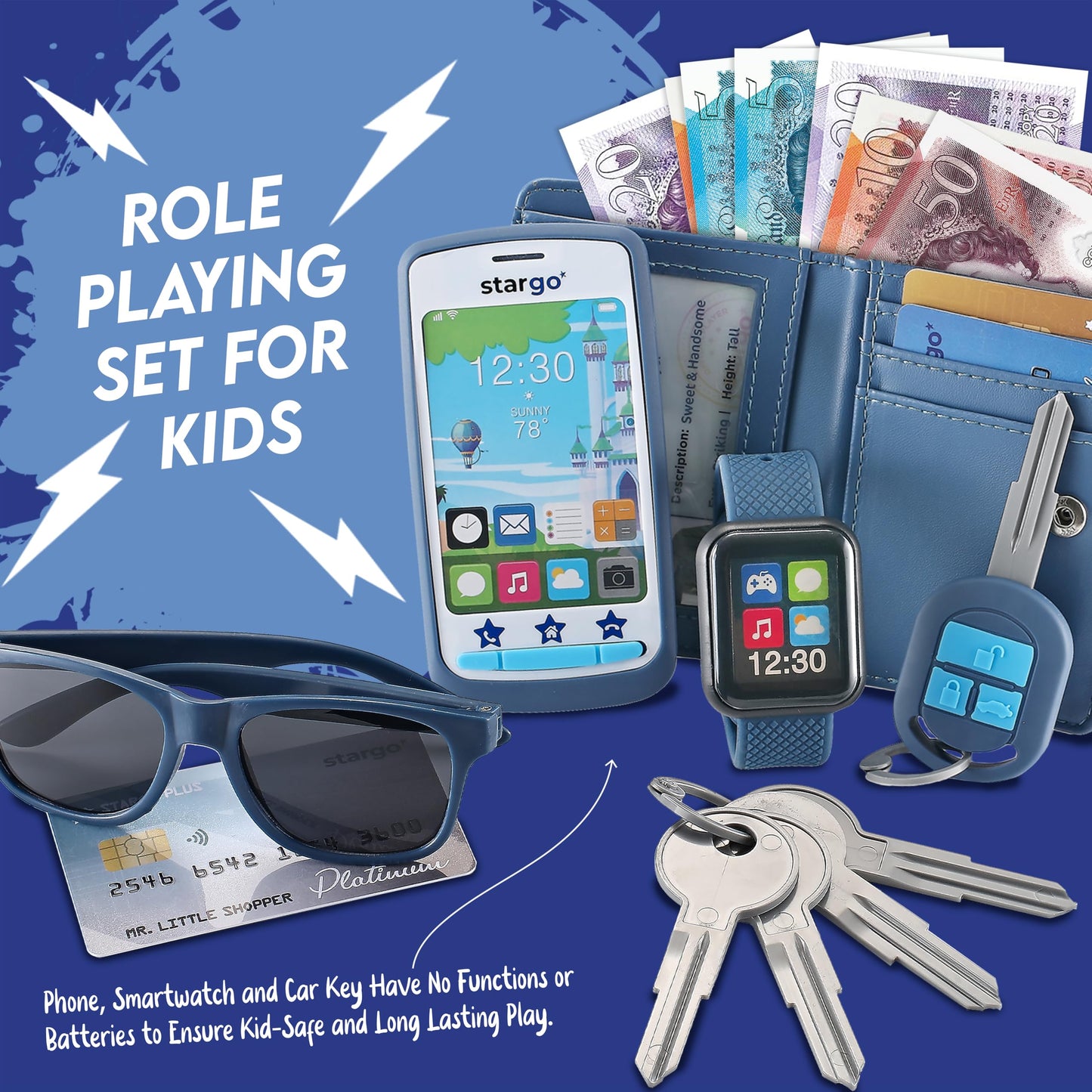 Star Princess Play Wallet for Boys — Realistic Pretend Play Set with Money, Phone, Keys & Sunglasses
