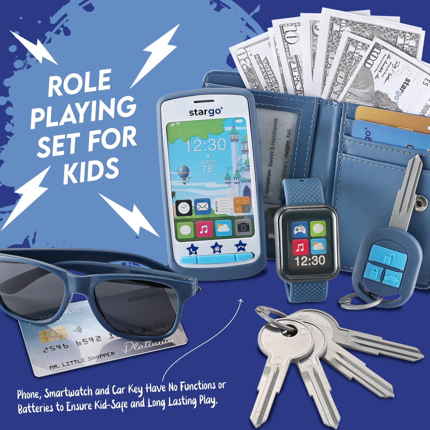 Star Princess Play Wallet for Boys — Realistic Pretend Play Set with Money, Phone, Keys & Sunglasses