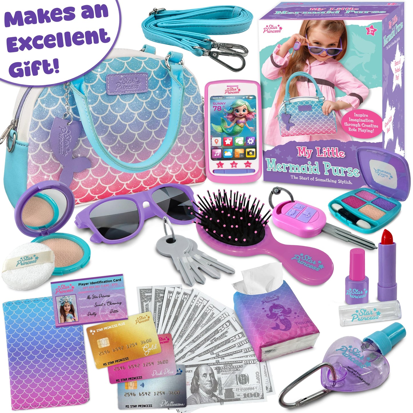 Star Princess Play Purse – Mermaid Pretend Play Set for Girls Aged 3-8