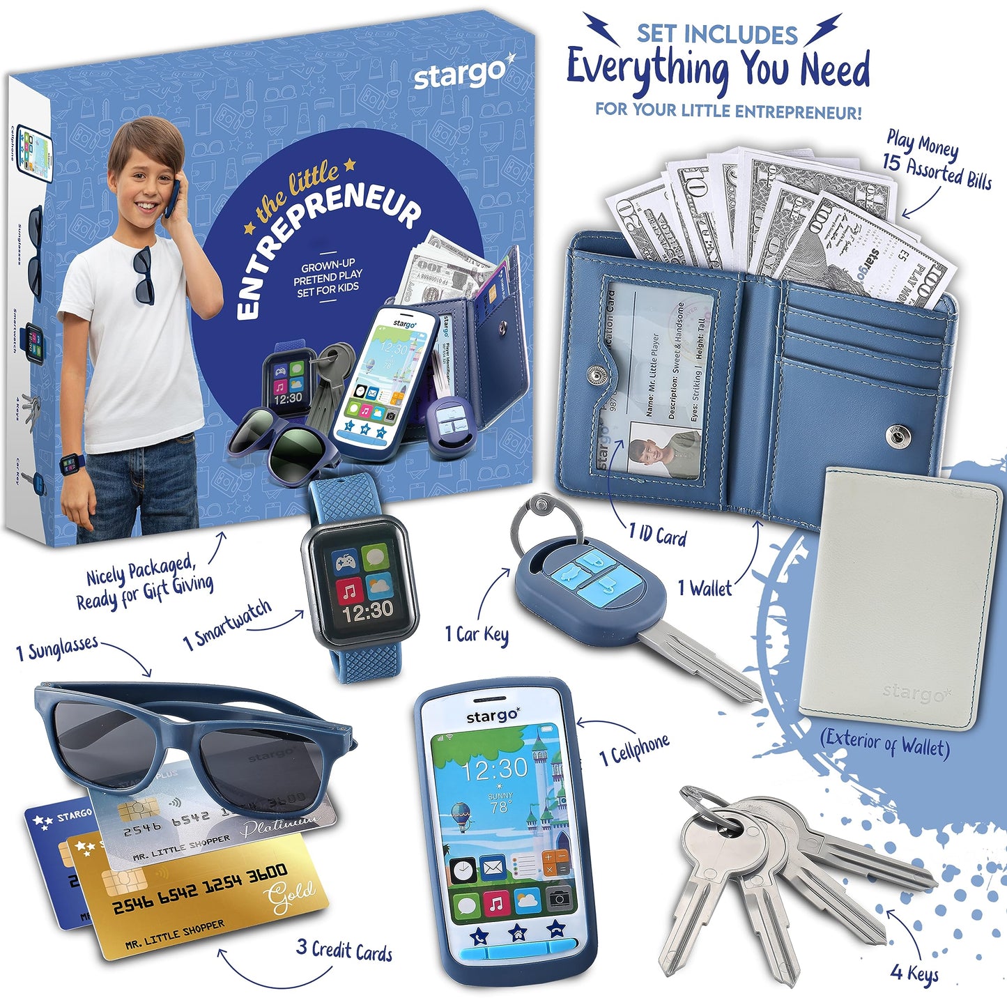 Star Princess Play Wallet for Boys — Realistic Pretend Play Set with Money, Phone, Keys & Sunglasses