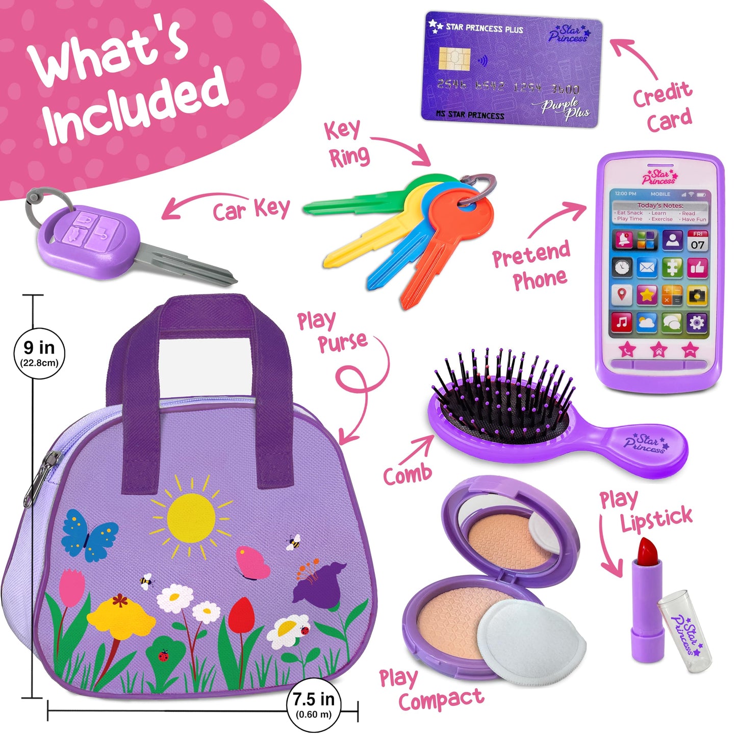Star Princess Play Purse with Accessories for Toddlers 1-3 | Safe Pretend Makeup, Keys & Phone - Purple
