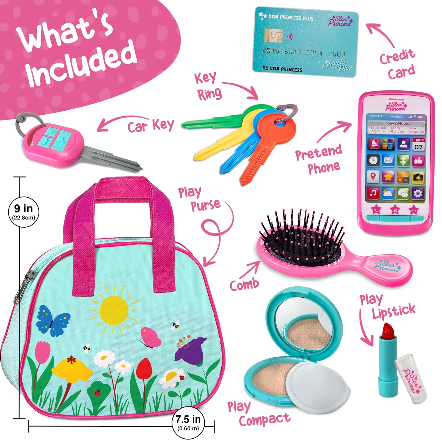 Star Princess Play Purse for Toddlers with Accessories | Blue – Pretend Makeup, Keys & Phone Toy