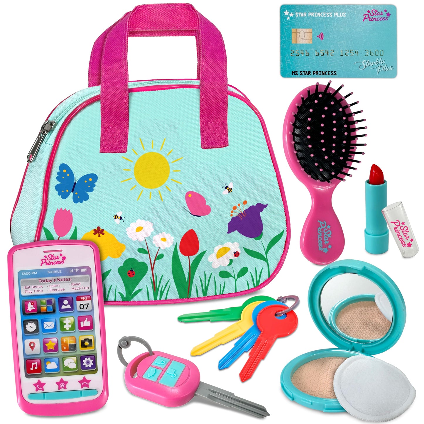 Star Princess Play Purse for Toddlers with Accessories | Blue – Pretend Makeup, Keys & Phone Toy