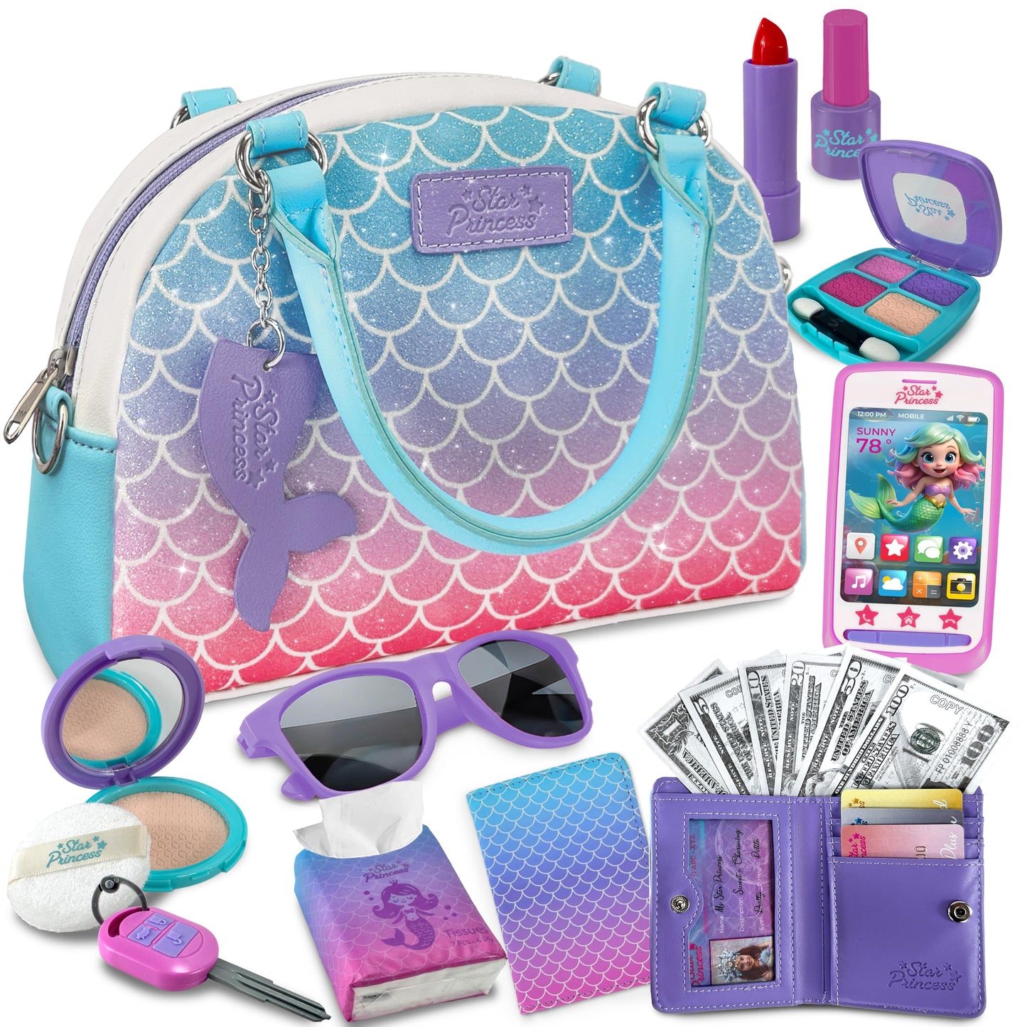 Star Princess Play Purse – Mermaid Pretend Play Set for Girls Aged 3-8