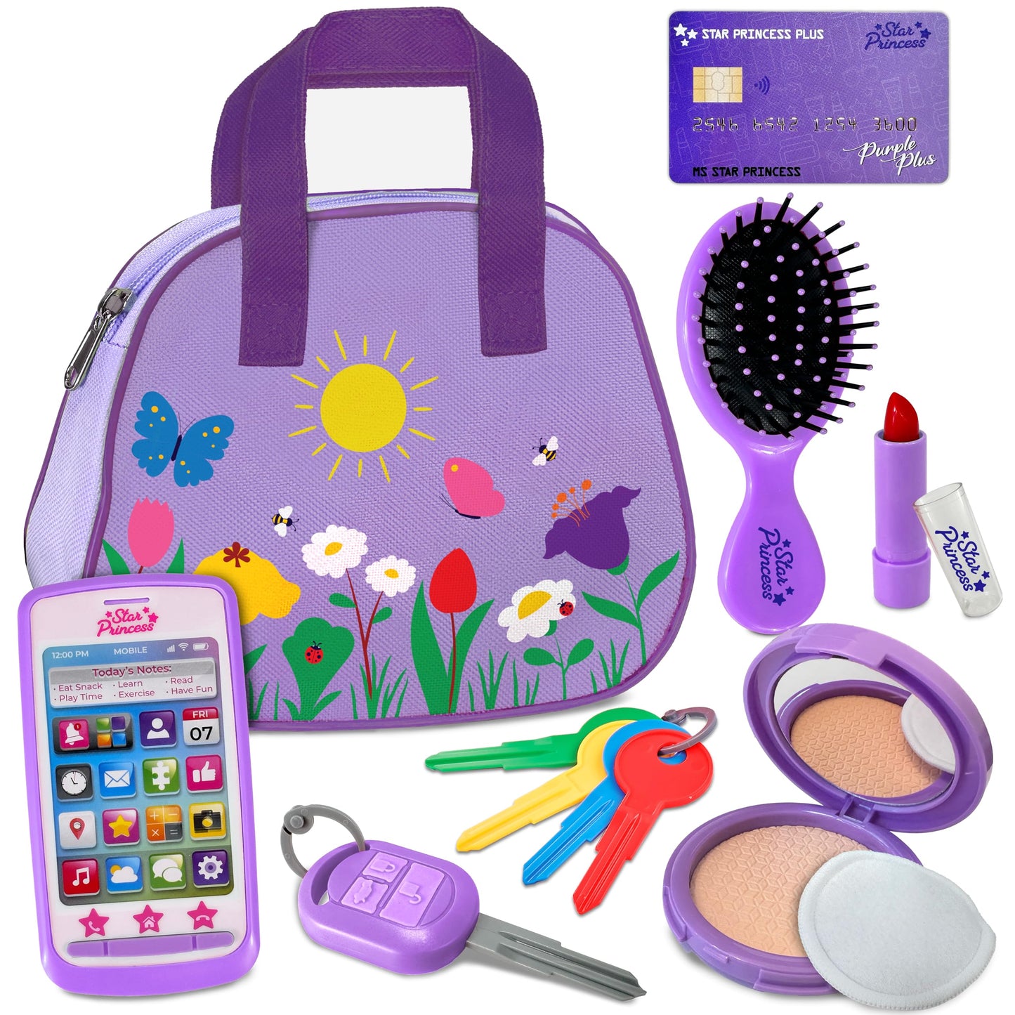 Star Princess Play Purse with Accessories for Toddlers 1-3 | Safe Pretend Makeup, Keys & Phone - Purple