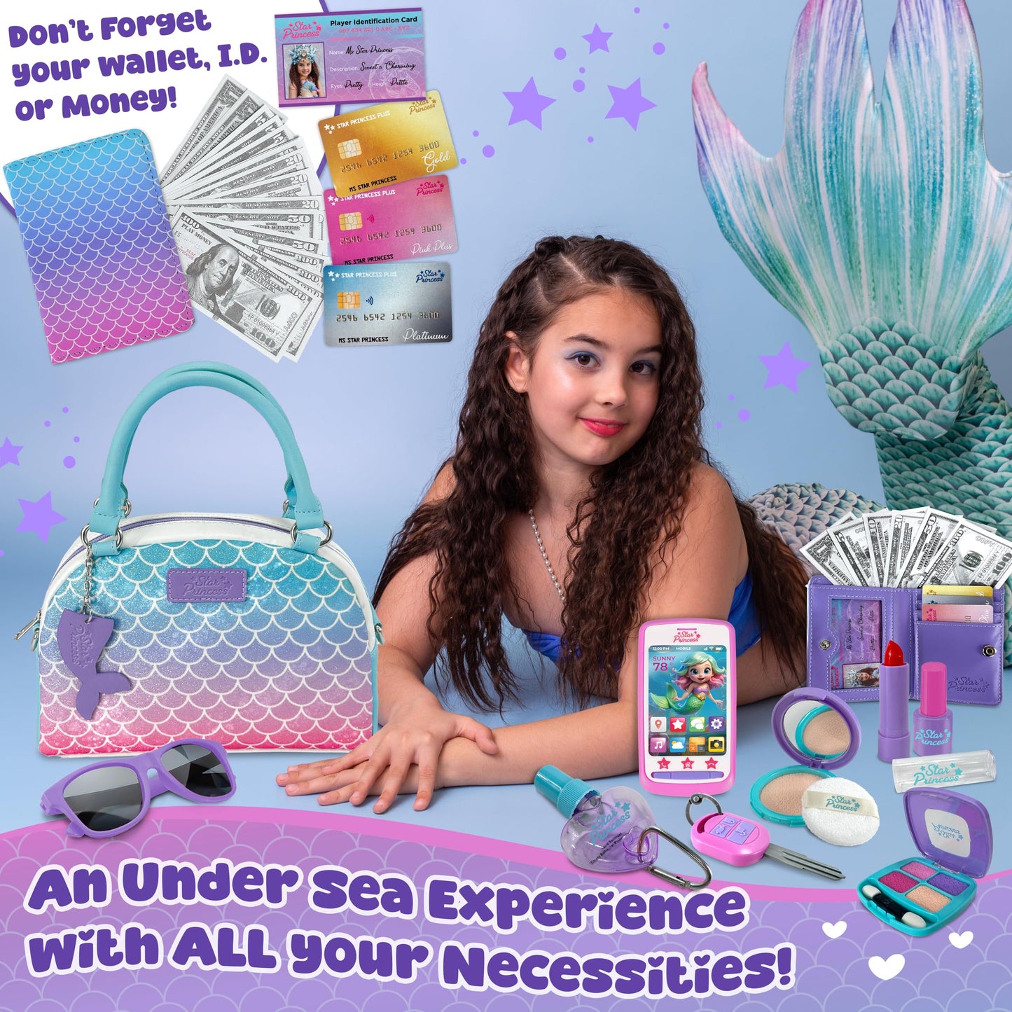 Star Princess Play Purse – Mermaid Pretend Play Set for Girls Aged 3-8