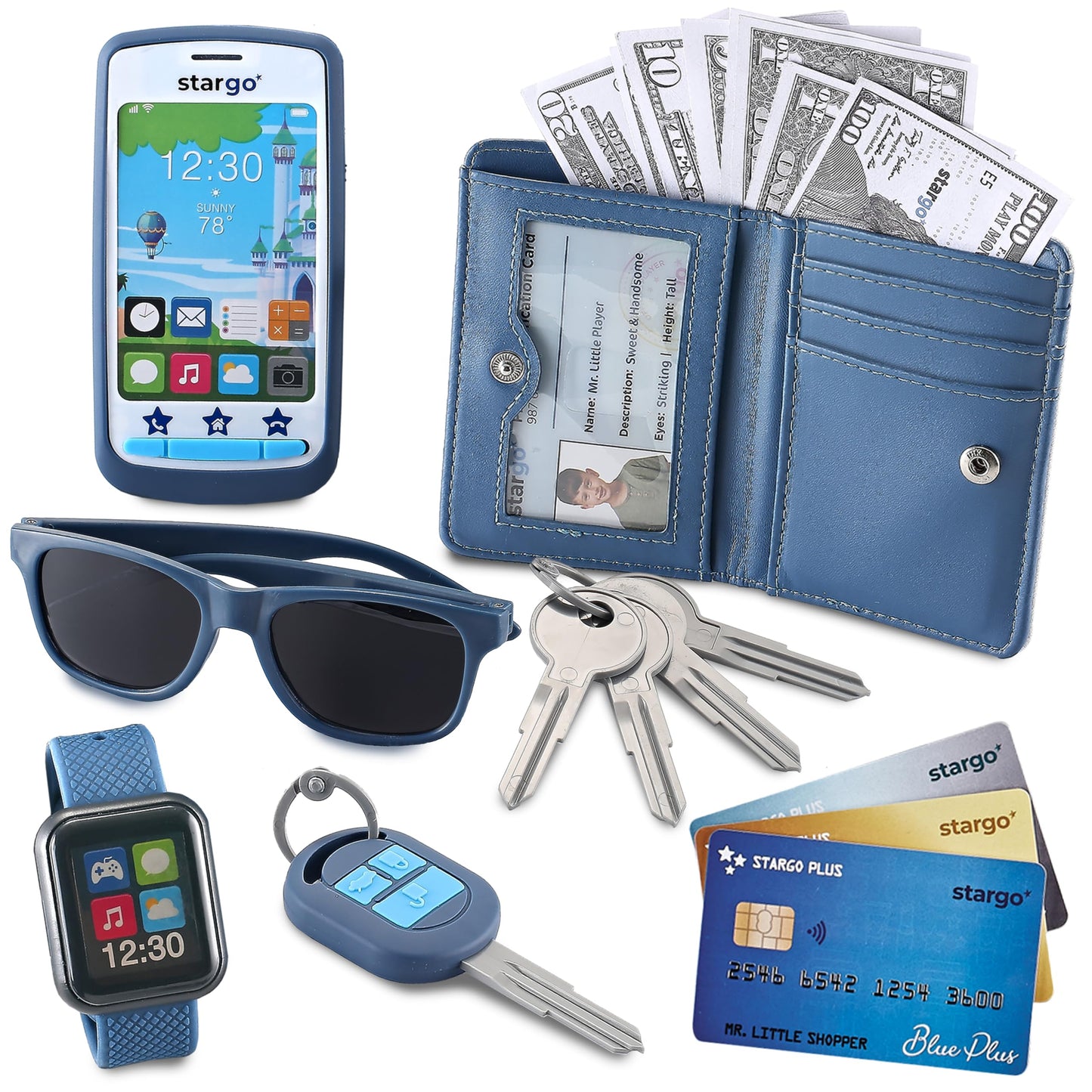 Star Princess Play Wallet for Boys — Realistic Pretend Play Set with Money, Phone, Keys & Sunglasses