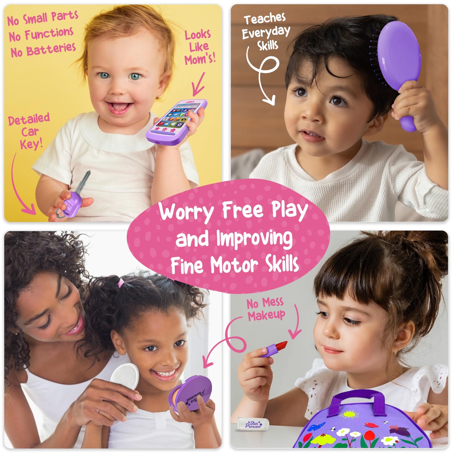 Star Princess Play Purse with Accessories for Toddlers 1-3 | Safe Pretend Makeup, Keys & Phone - Purple